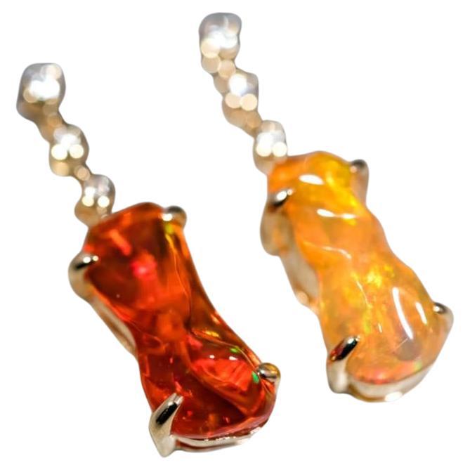 Stunning Diamond Mexican Fire Opal Asymmetric Drop Earrings in 18K Yellow Gold For Sale