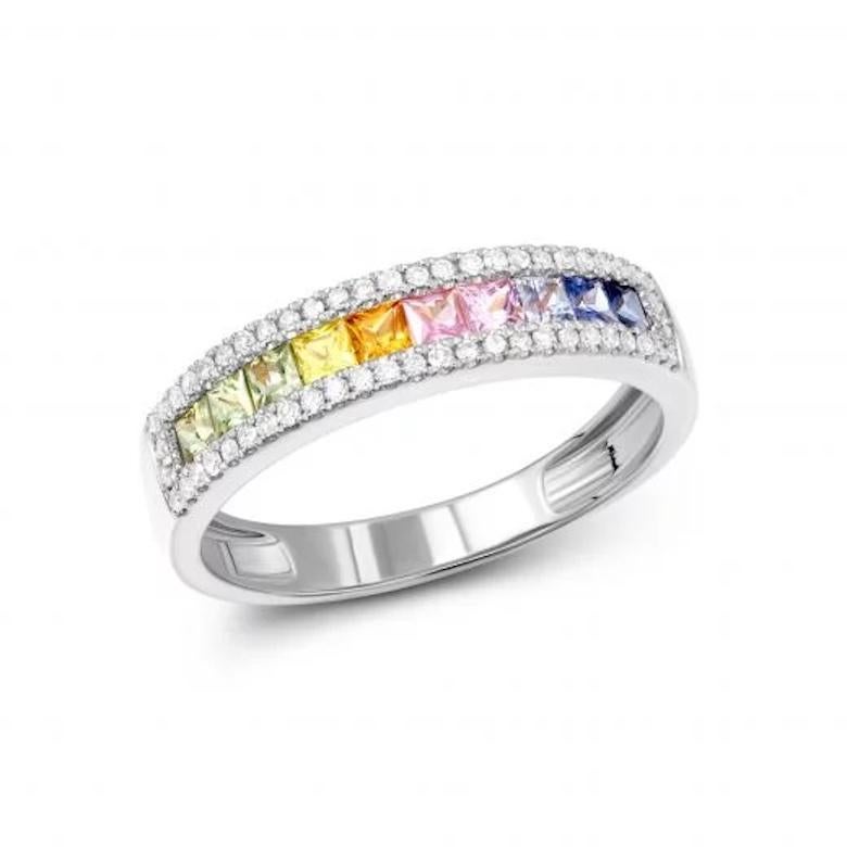 14K White Gold Ring 
Matching different style Earrings Available

Diamond 44-0.21 ct 
Blue Sapphire 3-0,12 ct 
Pink Sapphire  5-0,19 ct
Yellow Sapphire 2-0,07 ct
Orange Sapphire 1-0,03 ct
Size 9 US
Weight 3,74 grams

It is our honour to create fine