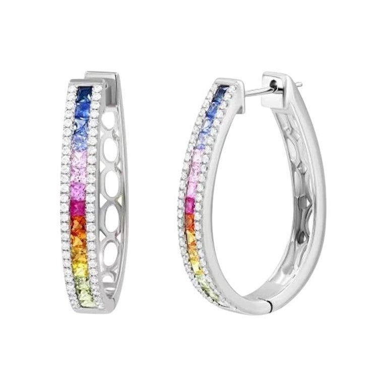 Atemberaubende Creolen-Ohrringe, Diamant Multi Saphir Rubin 14K Weißgold Creolen im Angebot