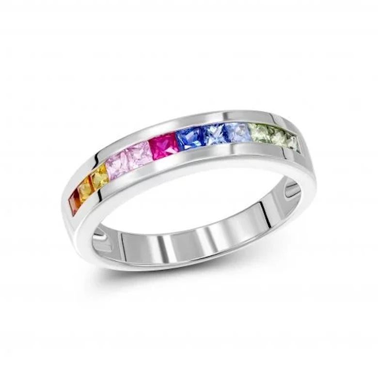 Round Cut Stunning Diamond Multi Sapphire Ruby 14K White Gold Ring For Sale