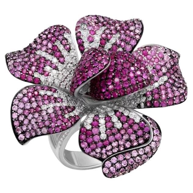 Stunning Diamond Pink Sapphire Flower White 18k Gold Ring for Her For Sale