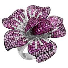 Stunning Diamond Pink Sapphire Flower White 18k Gold Ring for Her