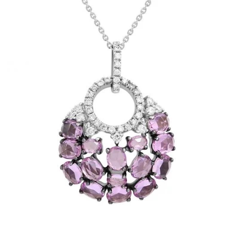 Round Cut Stunning Diamond Pink Sapphire White Gold 18k Necklace for Her