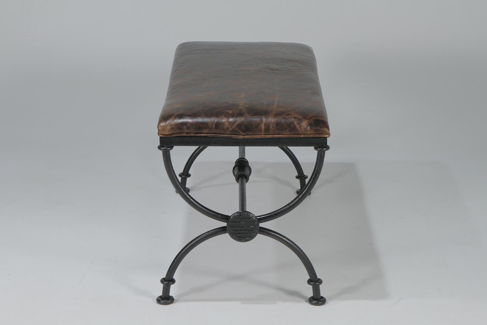 Late 20th Century Stunning Distressed Leather Bench with Handwrought Iron Base