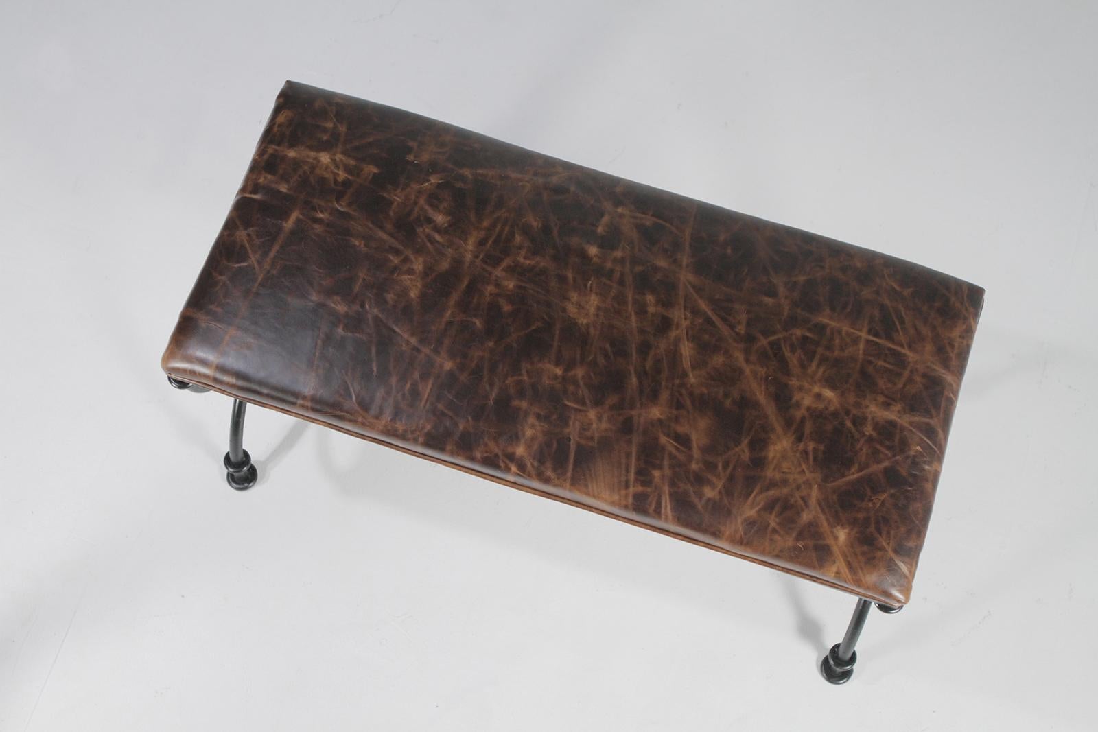 Stunning Distressed Leather Bench with Handwrought Iron Base 1