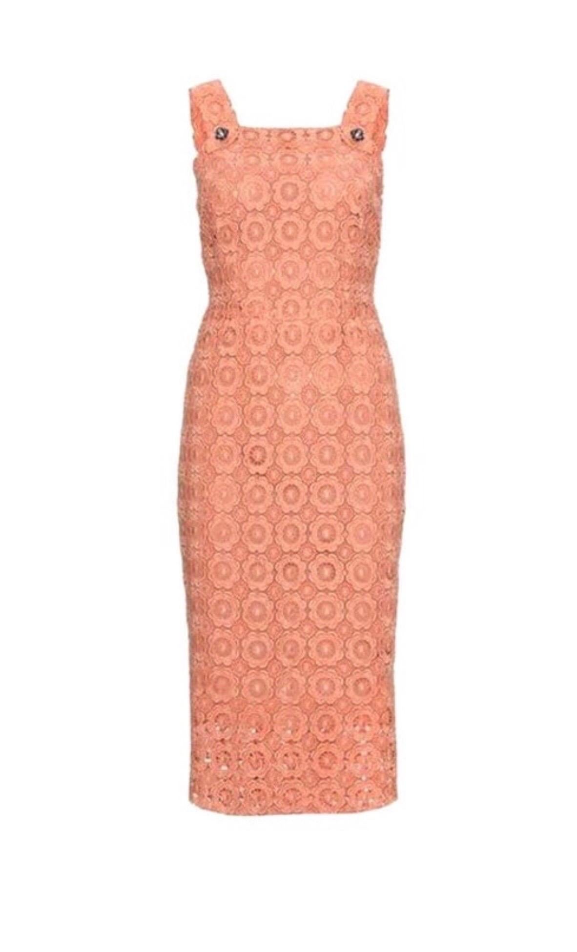 Orange Stunning Dolce & Gabbana Coral Eyelet Shift Dress with Jeweled Button Details