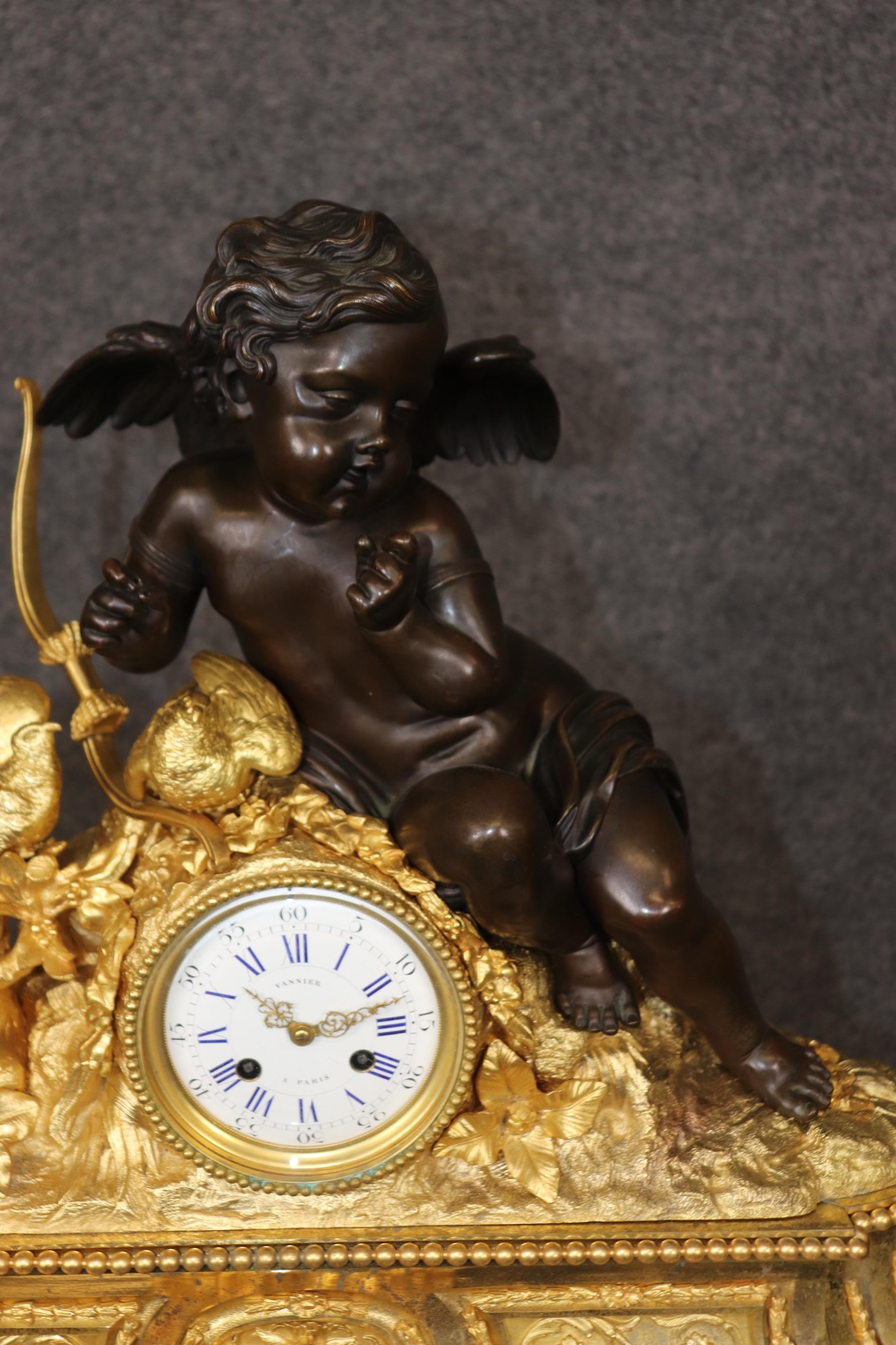Stunning Dore' Bronze and dark Bronze Cherub Mantel Clock by Vannier of Paris 4