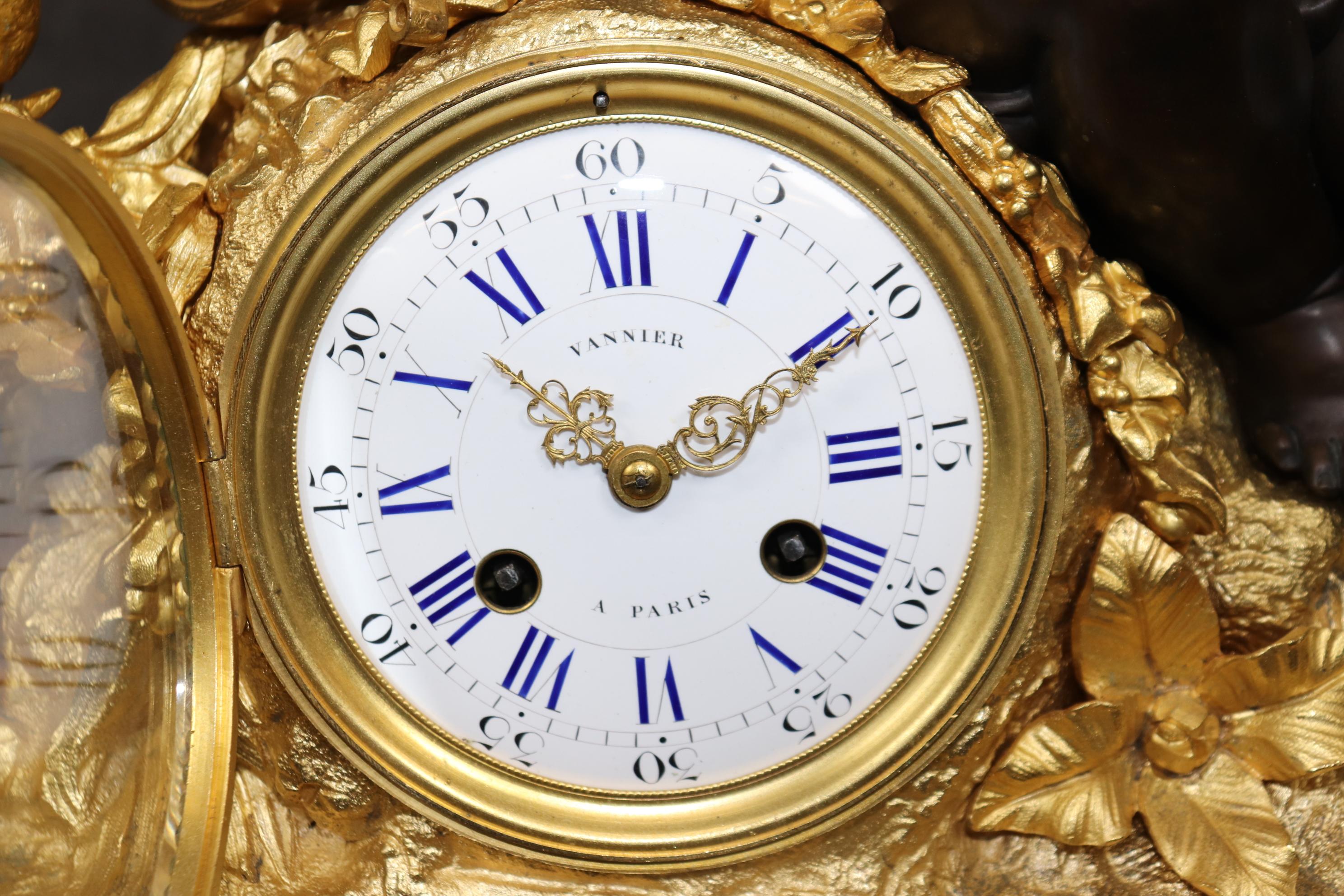 Stunning Dore' Bronze and dark Bronze Cherub Mantel Clock by Vannier of Paris In Good Condition In Swedesboro, NJ
