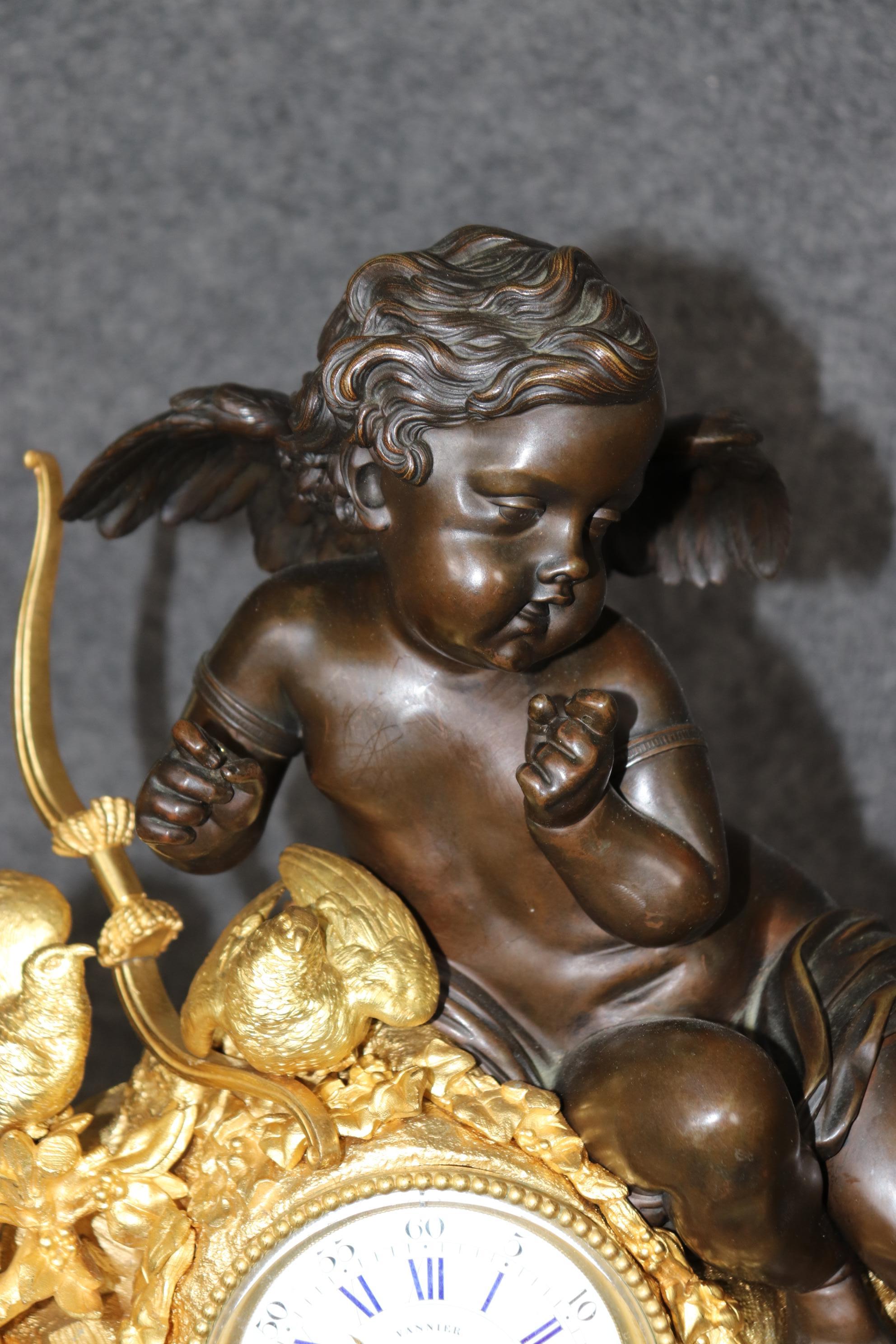 Stunning Dore' Bronze and dark Bronze Cherub Mantel Clock by Vannier of Paris 3