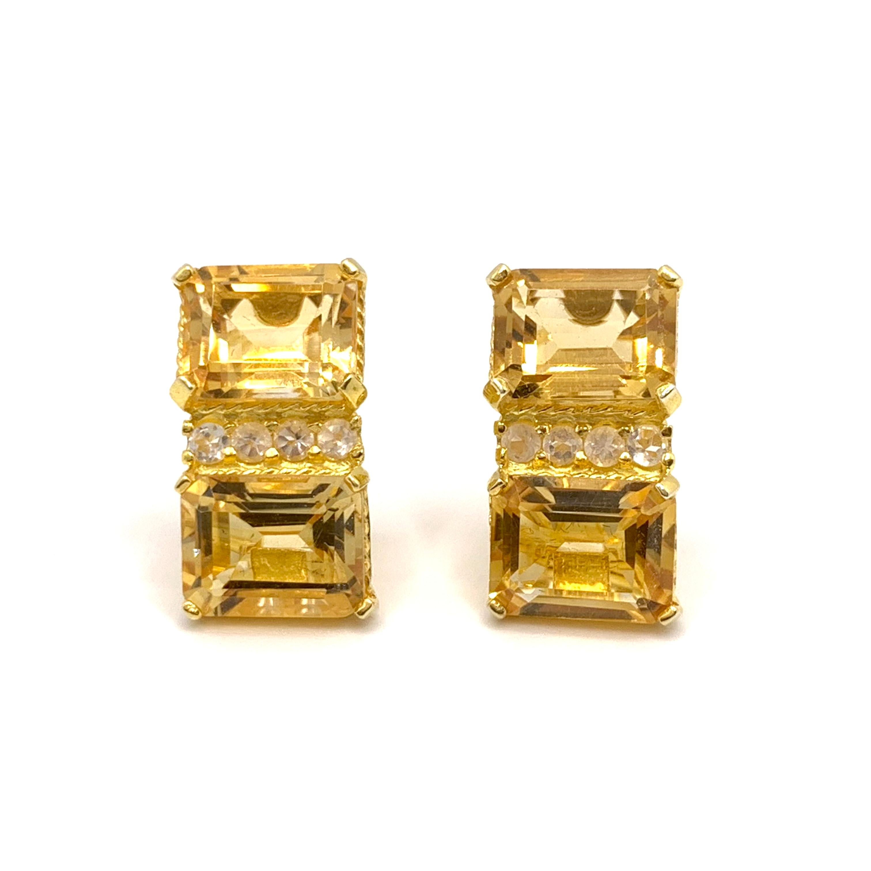 These stunning pair of earrings features a set of genuine emerald-cut Brazilian Citrine adorned with round white topaz, handset in 18k yellow gold vermeil over sterling silver. The facets from emerald cut stones offer beautiful shiny and sparkle