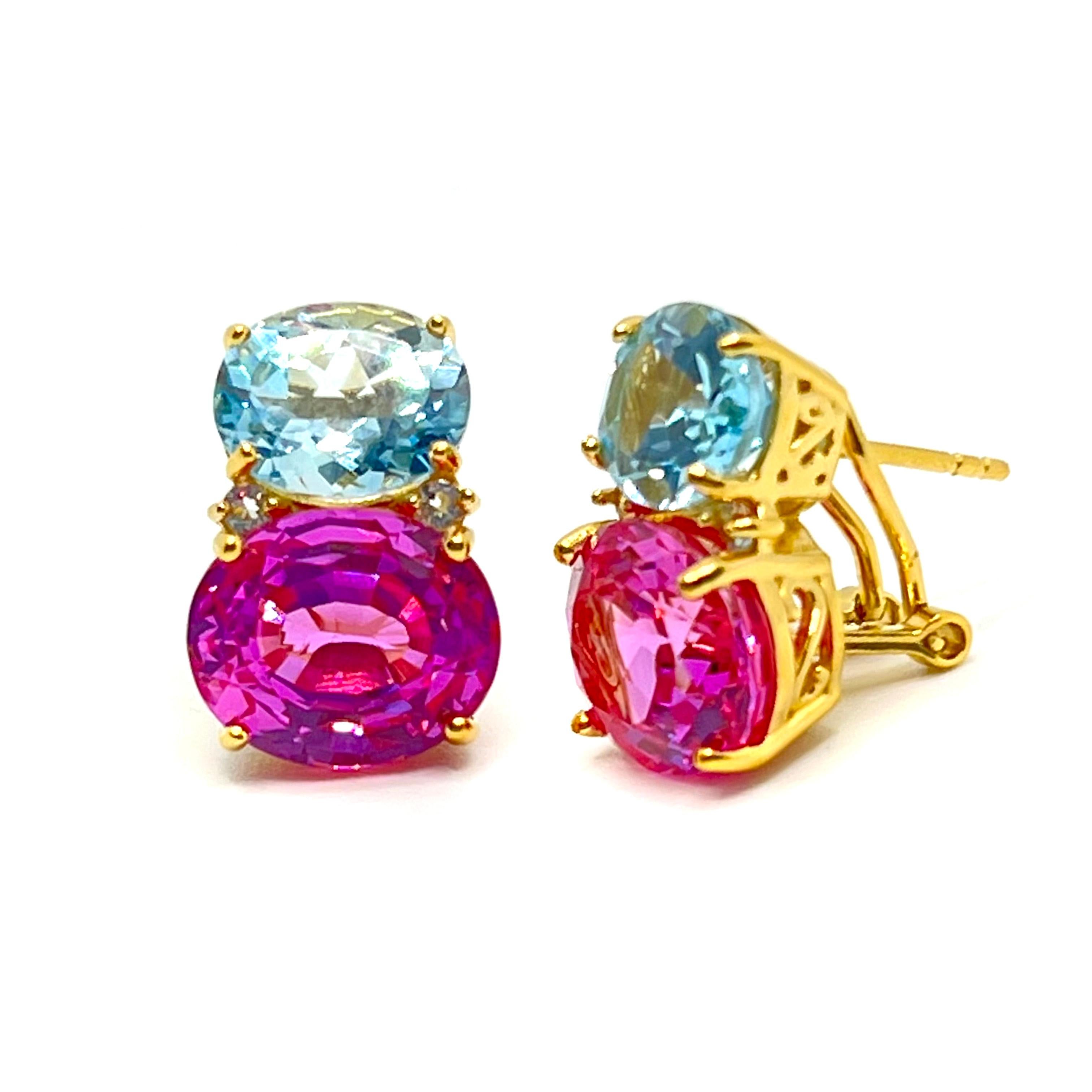 Contemporary Stunning Double Oval Blue Topaz & Pink Sapphire Earrings For Sale