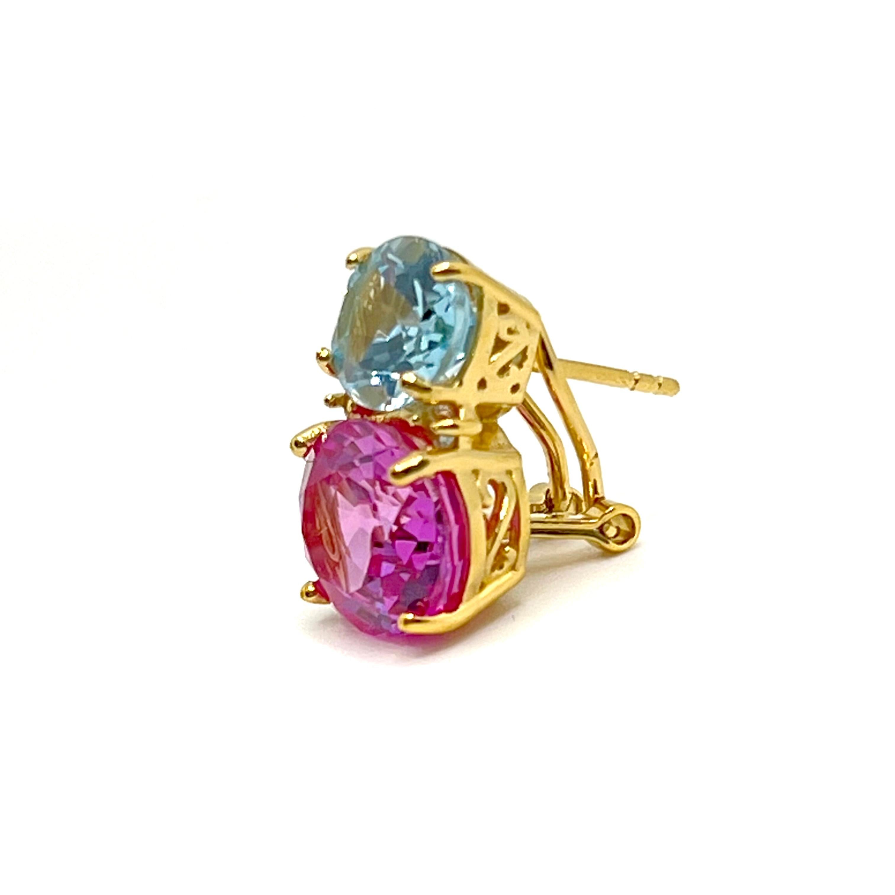 Stunning Double Oval Blue Topaz & Pink Sapphire Earrings In New Condition In Los Angeles, CA