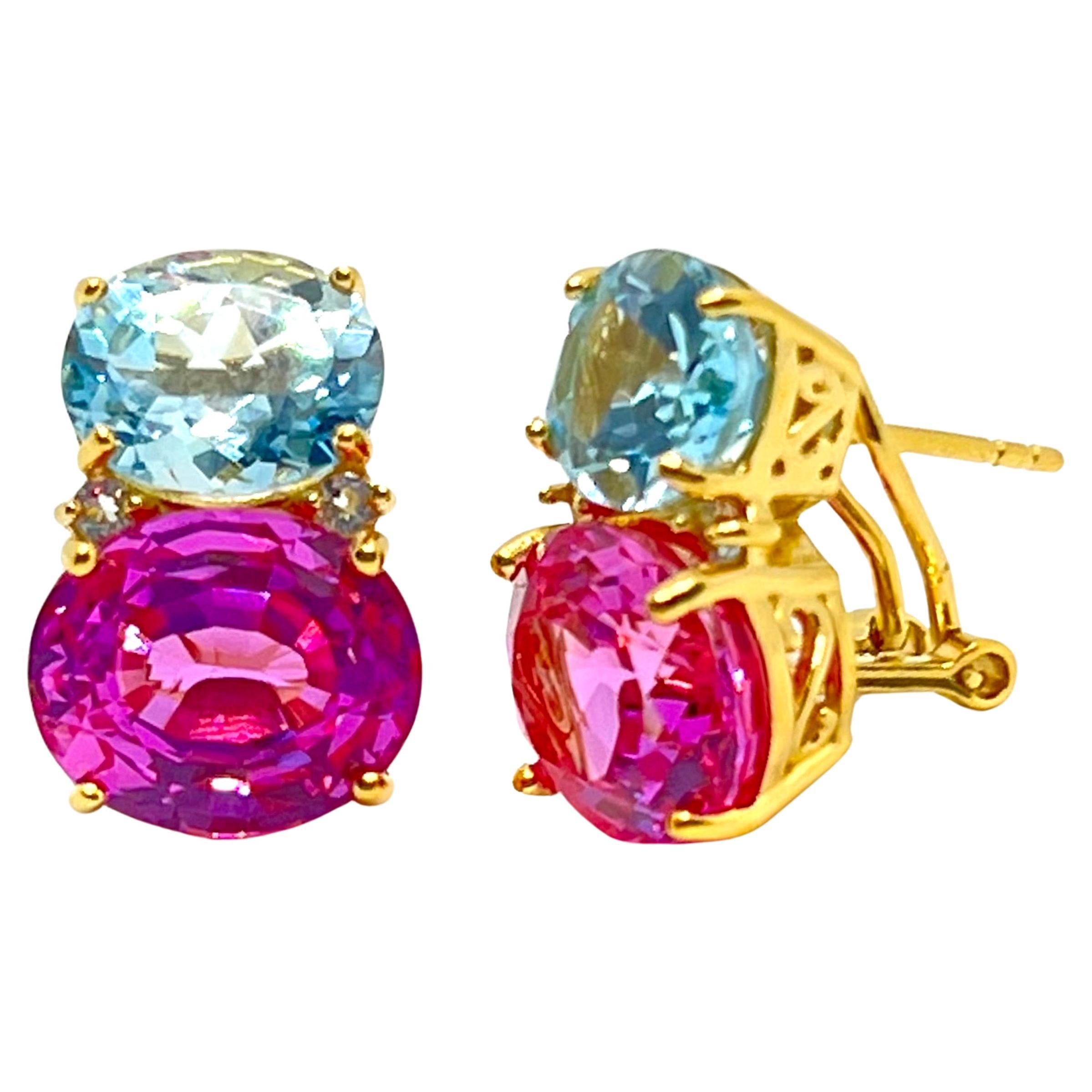 Stunning Double Oval Blue Topaz & Pink Sapphire Earrings For Sale
