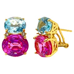 Superbes boucles d'oreilles ovales en topaze bleue et saphir rose