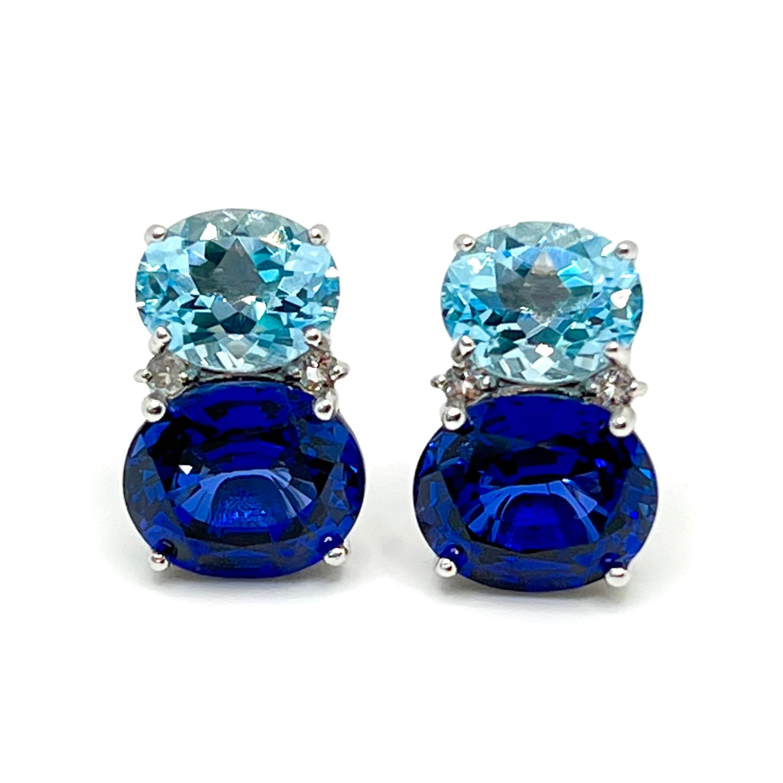 Contemporary Stunning Double Oval Blue Topaz & Sapphire Earrings For Sale