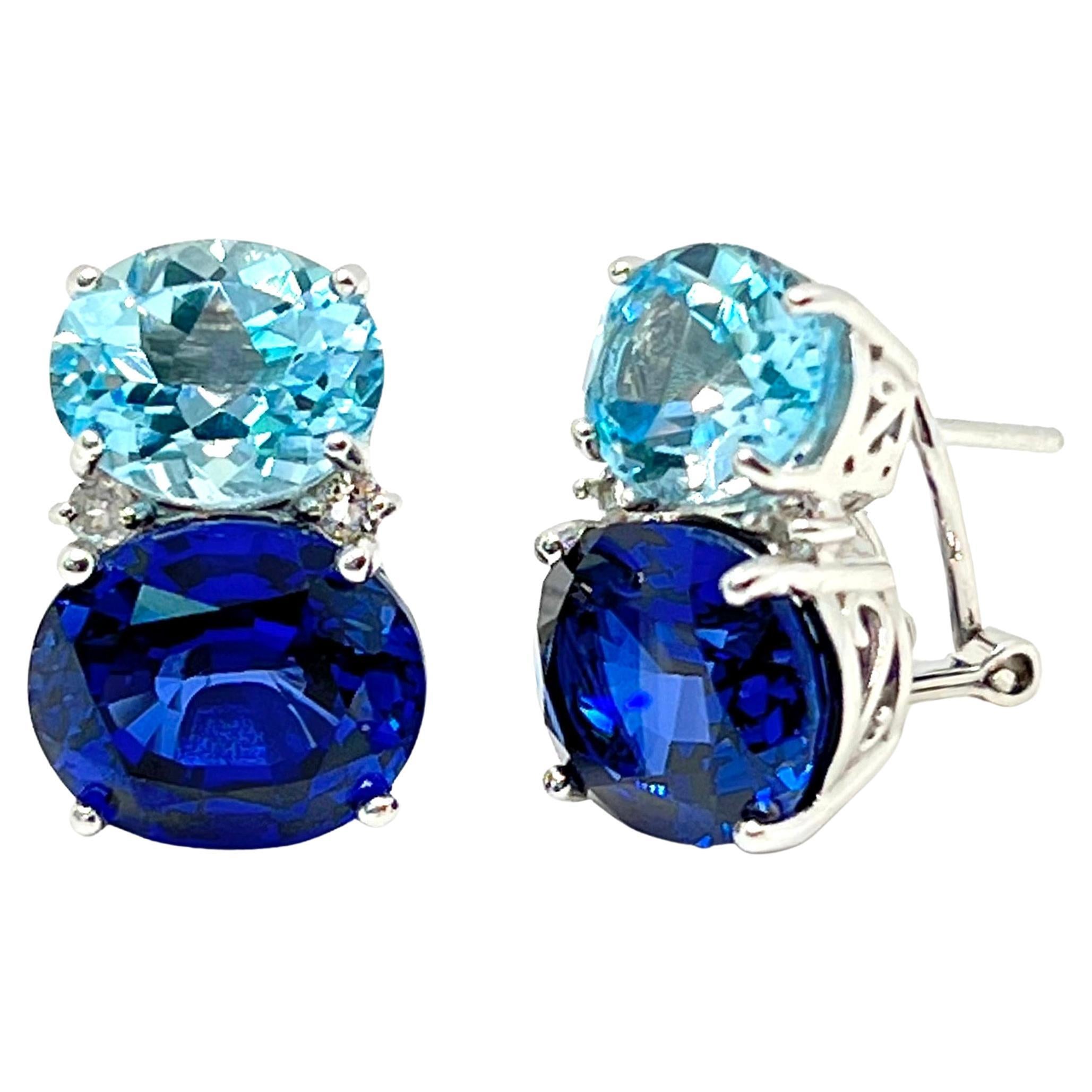 Stunning Double Oval Blue Topaz & Sapphire Earrings For Sale