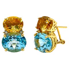 Superbes boucles d'oreilles double ovale en vermeil avec citrine et topaze bleue