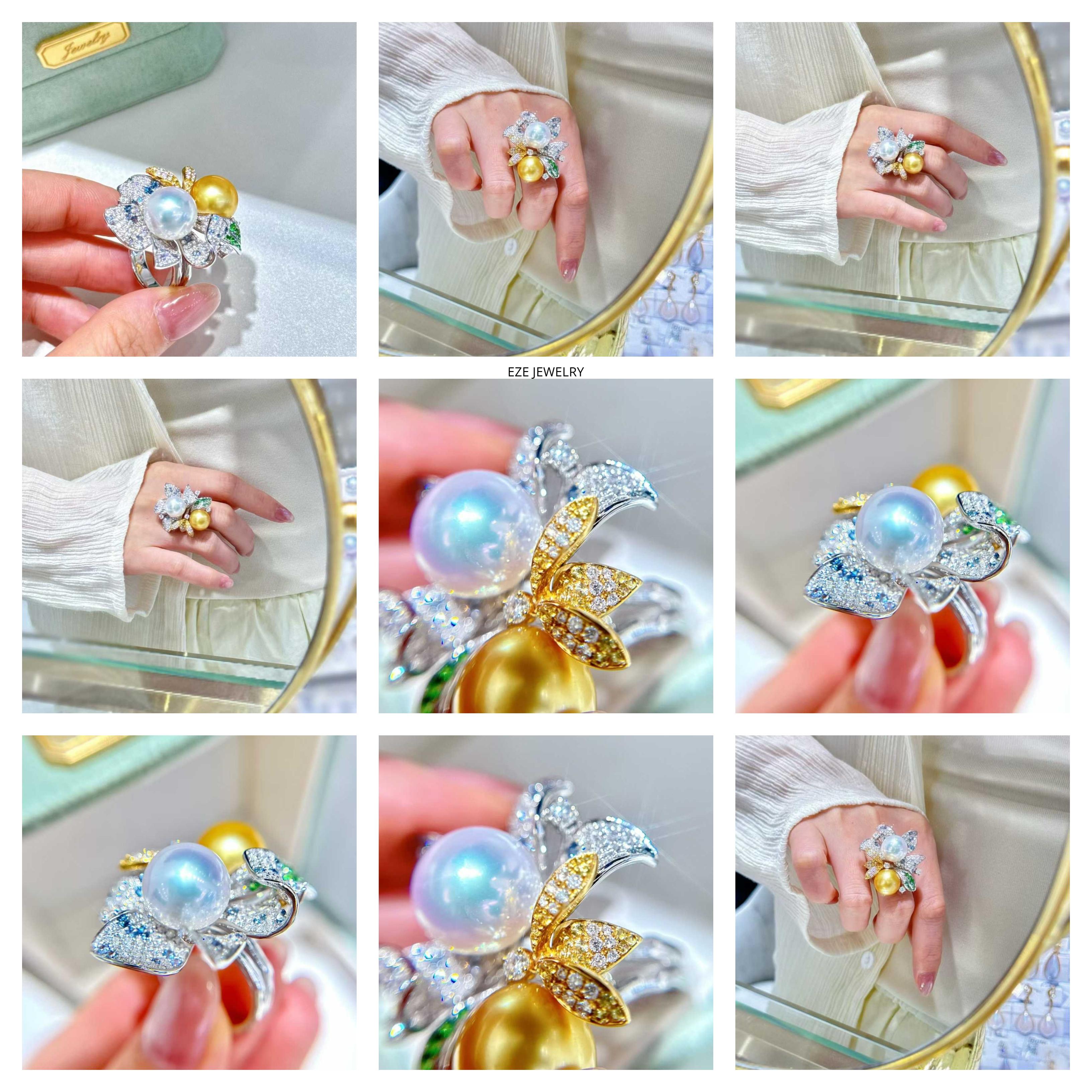 En vente :  Superbe bague à double perle et diamant floral - Eze Jewelry 10