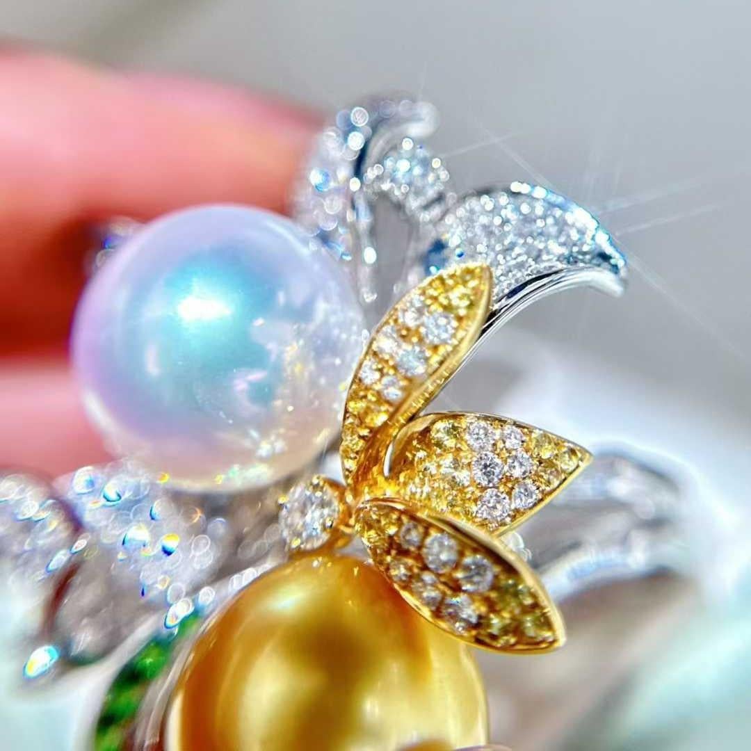 En vente :  Superbe bague à double perle et diamant floral - Eze Jewelry 6