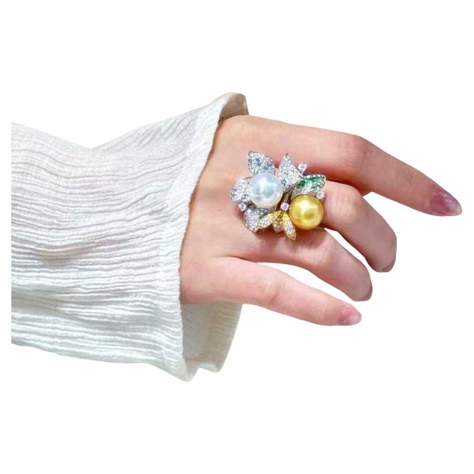 En vente :  Superbe bague à double perle et diamant floral - Eze Jewelry