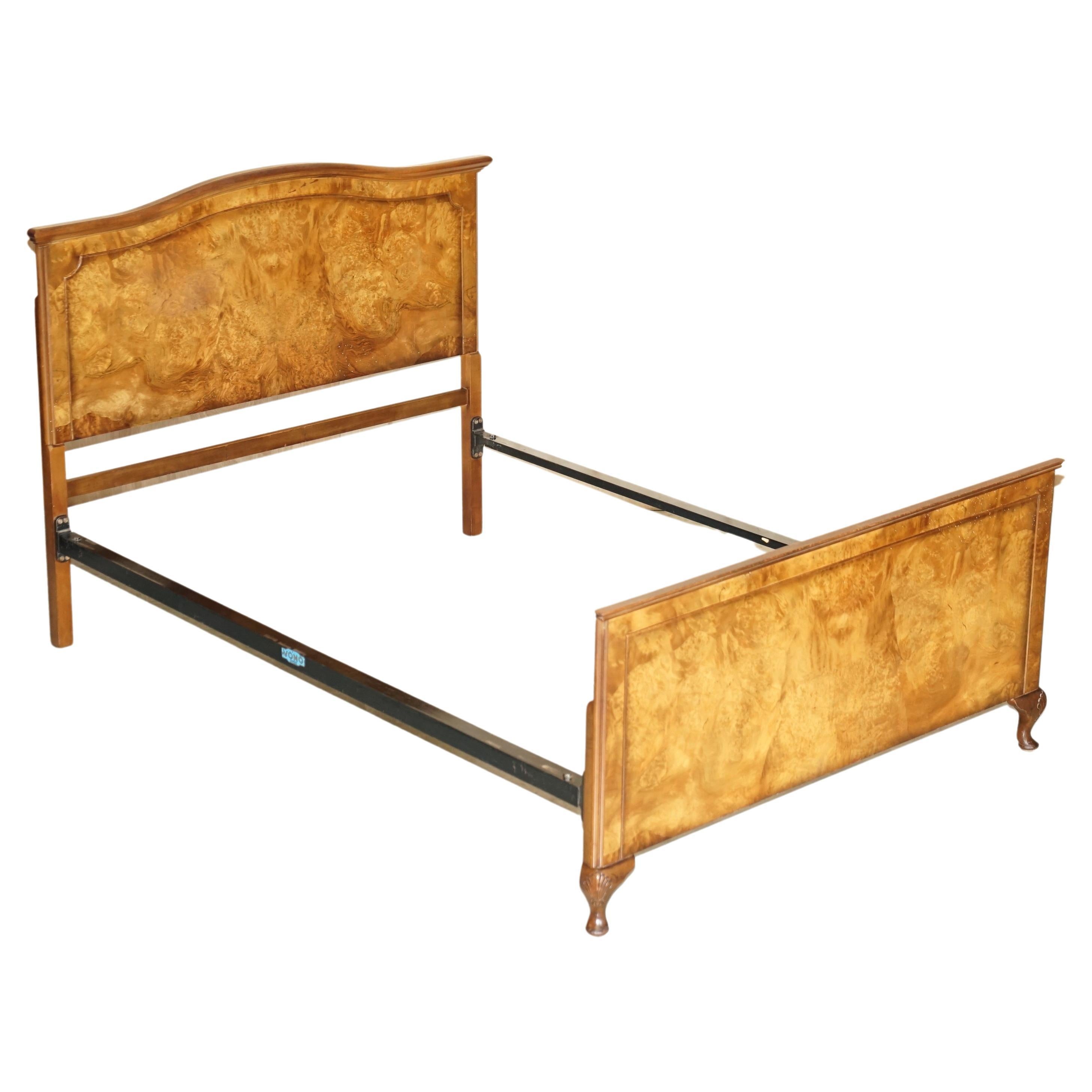 Stunning Double Sized circa 1900 Burr Walnut English Bedstead Frame Part Suite For Sale