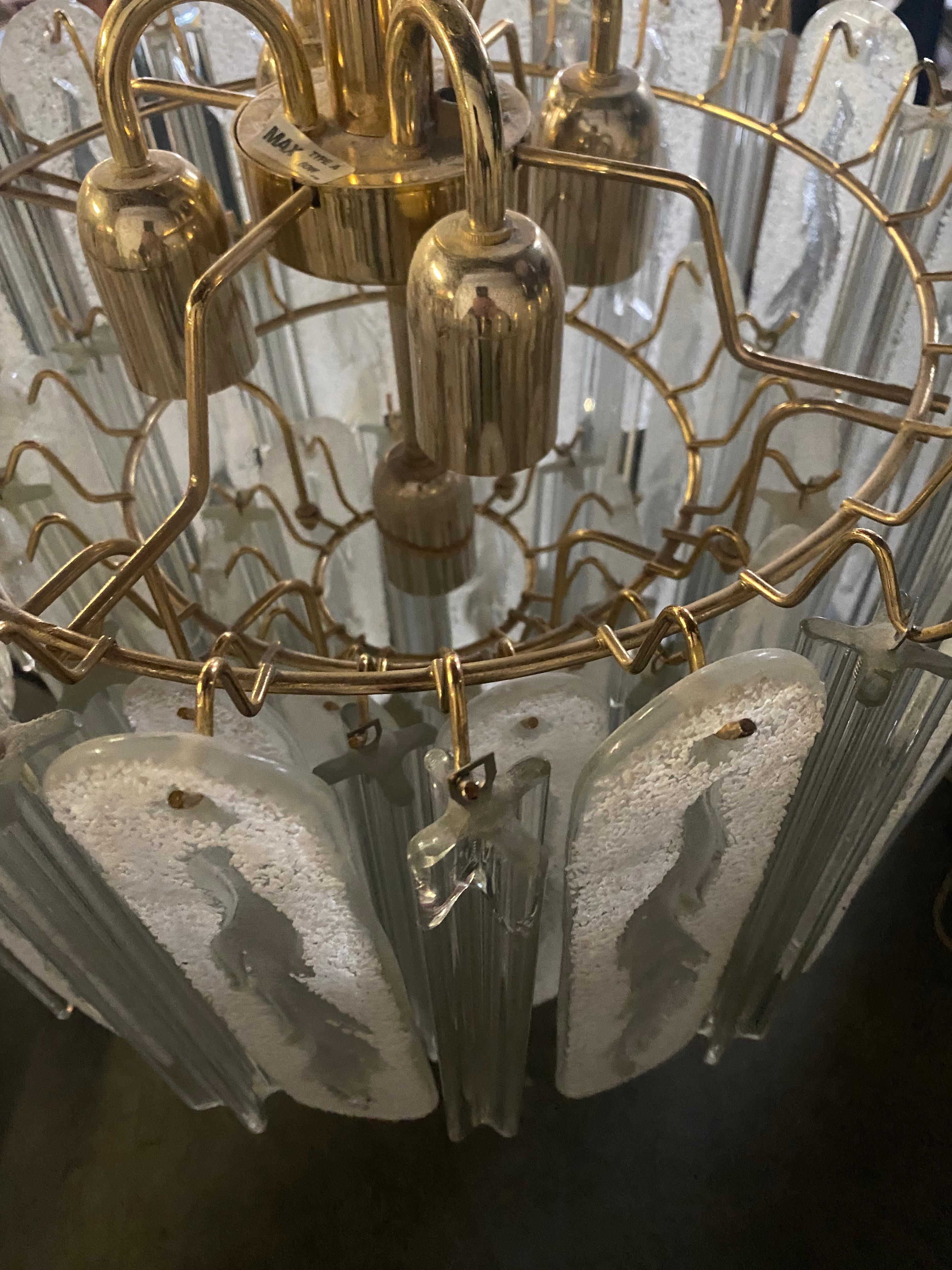 Stunning, Dramatic, Murano “Triedi” chandelier attributed to Venini, tried glass icicles and etched and frosted glass ovals, very unusual design.