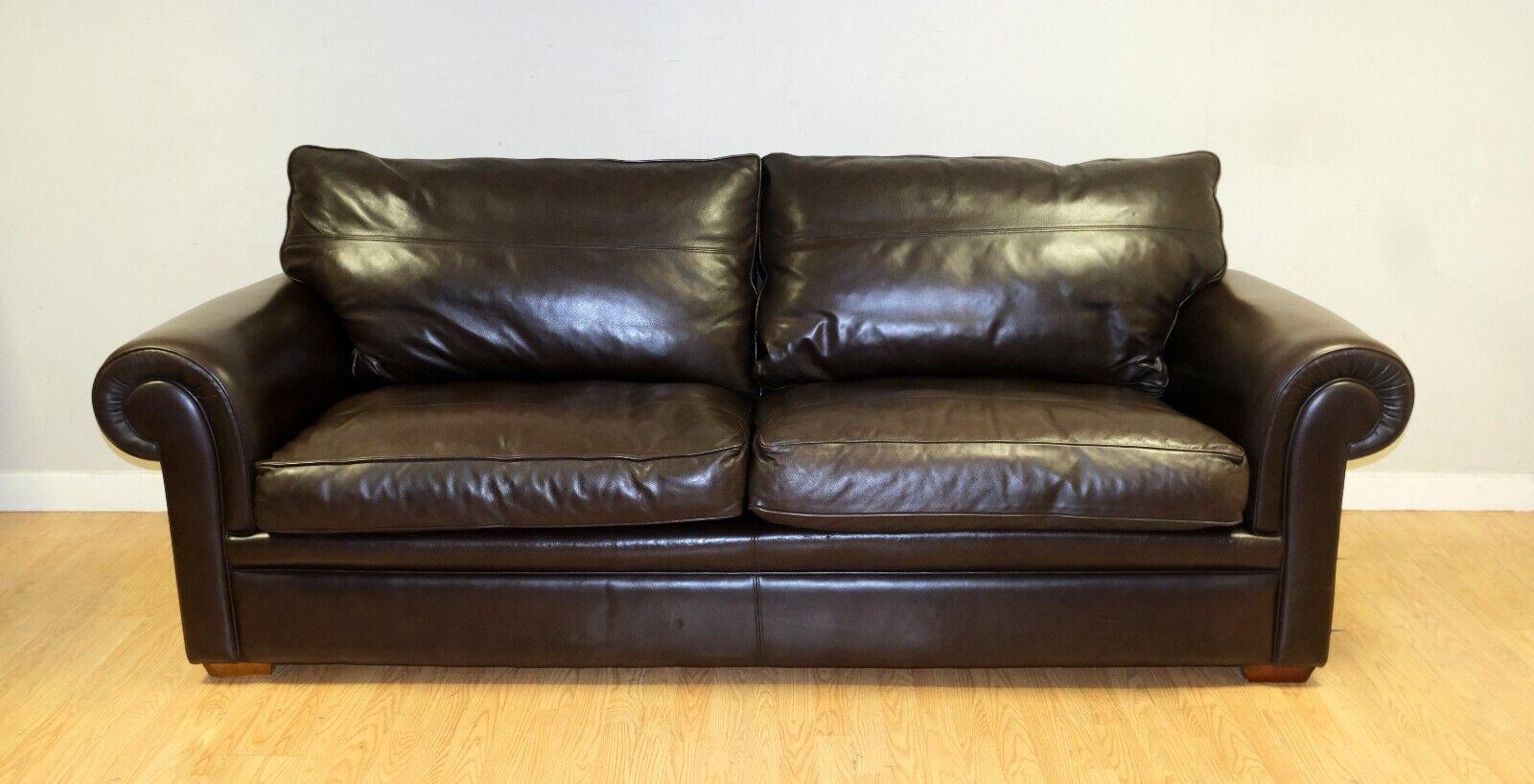 STUNNiNG DURESTA GARRICK THREE SEATER BROWN LEATHER SOFA ON CLASSIC SCROLL ARMS For Sale 3