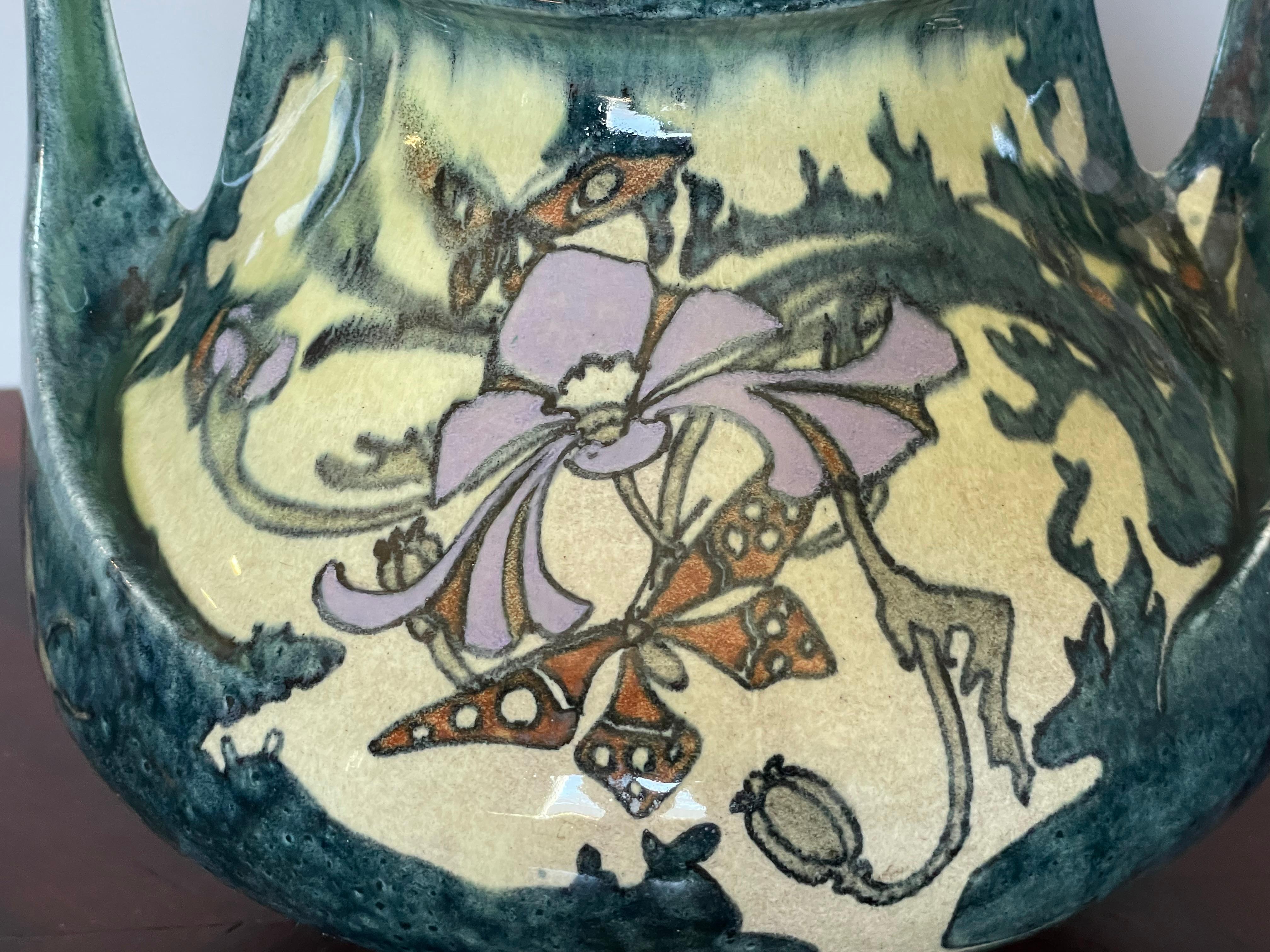 Stunning Dutch Arts and Crafts Hand Painted W. Butterflies Vase by J. Mijnlieff For Sale 4