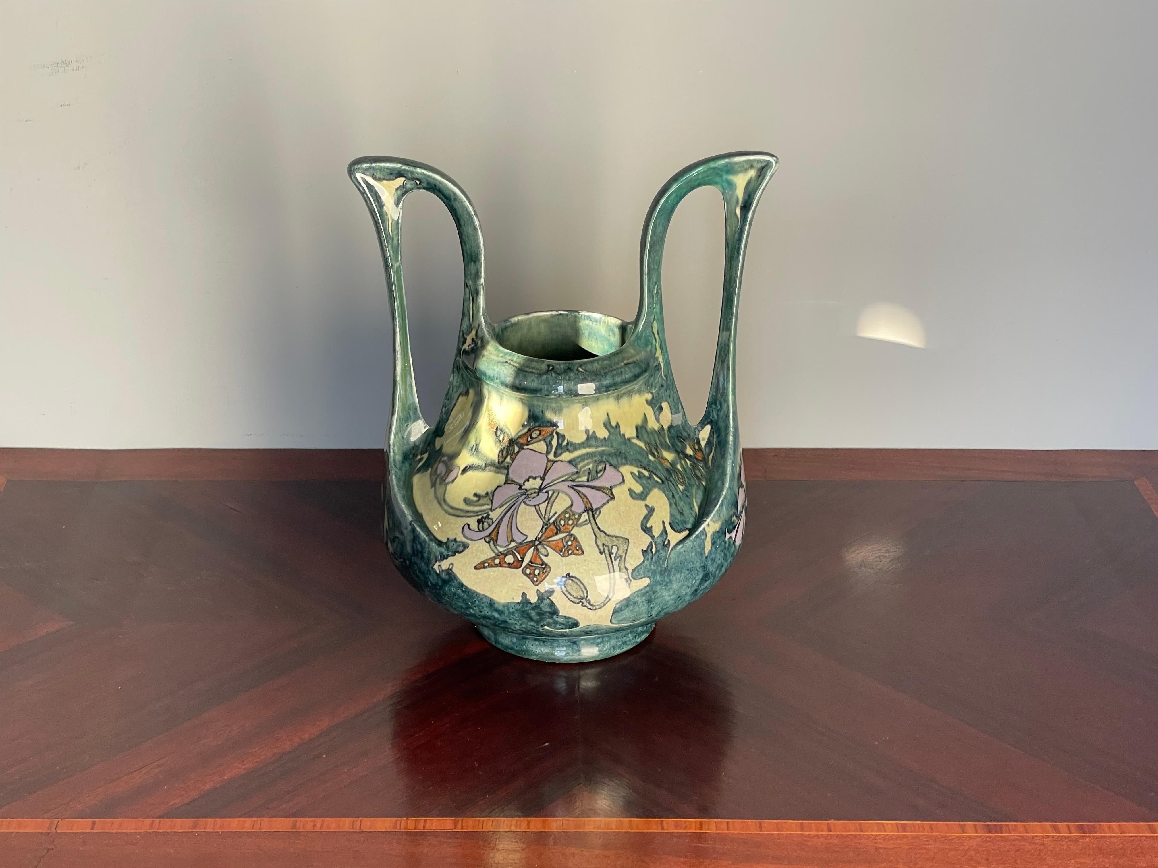 Stunning Dutch Arts and Crafts Hand Painted W. Butterflies Vase by J. Mijnlieff For Sale 5