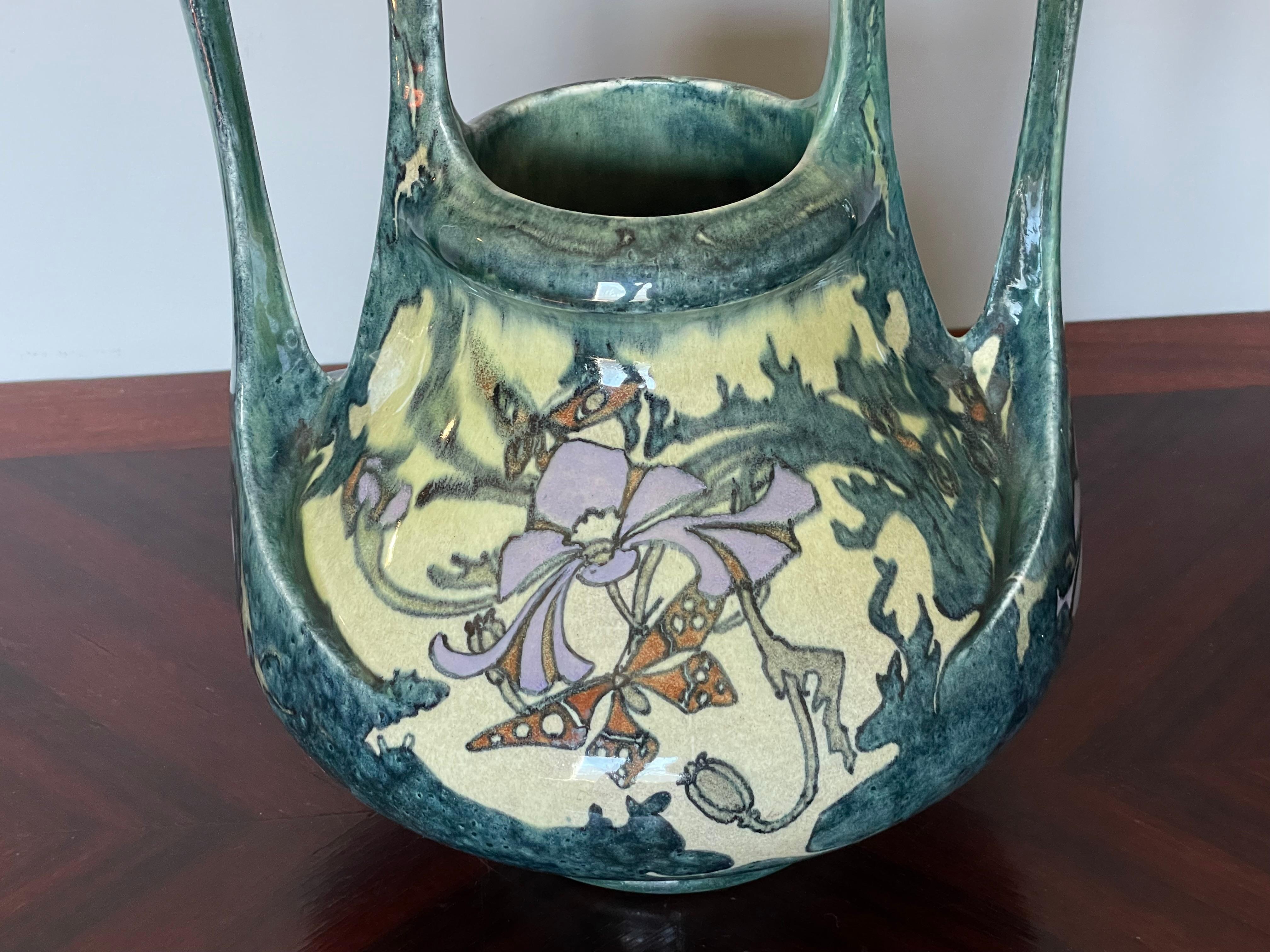 Stunning Dutch Arts and Crafts Hand Painted W. Butterflies Vase by J. Mijnlieff For Sale 6