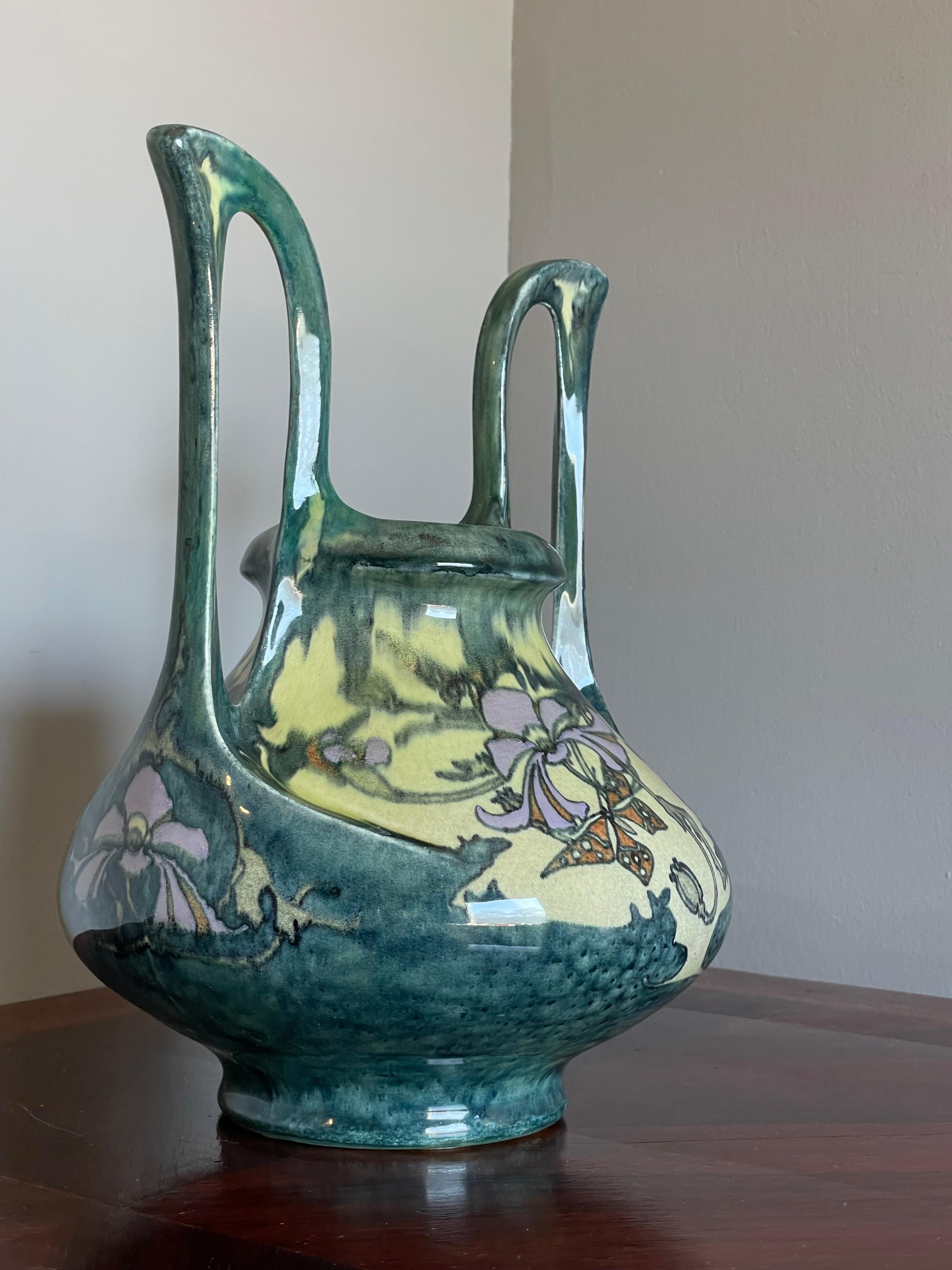Stunning Dutch Arts and Crafts Hand Painted W. Butterflies Vase by J. Mijnlieff For Sale 7