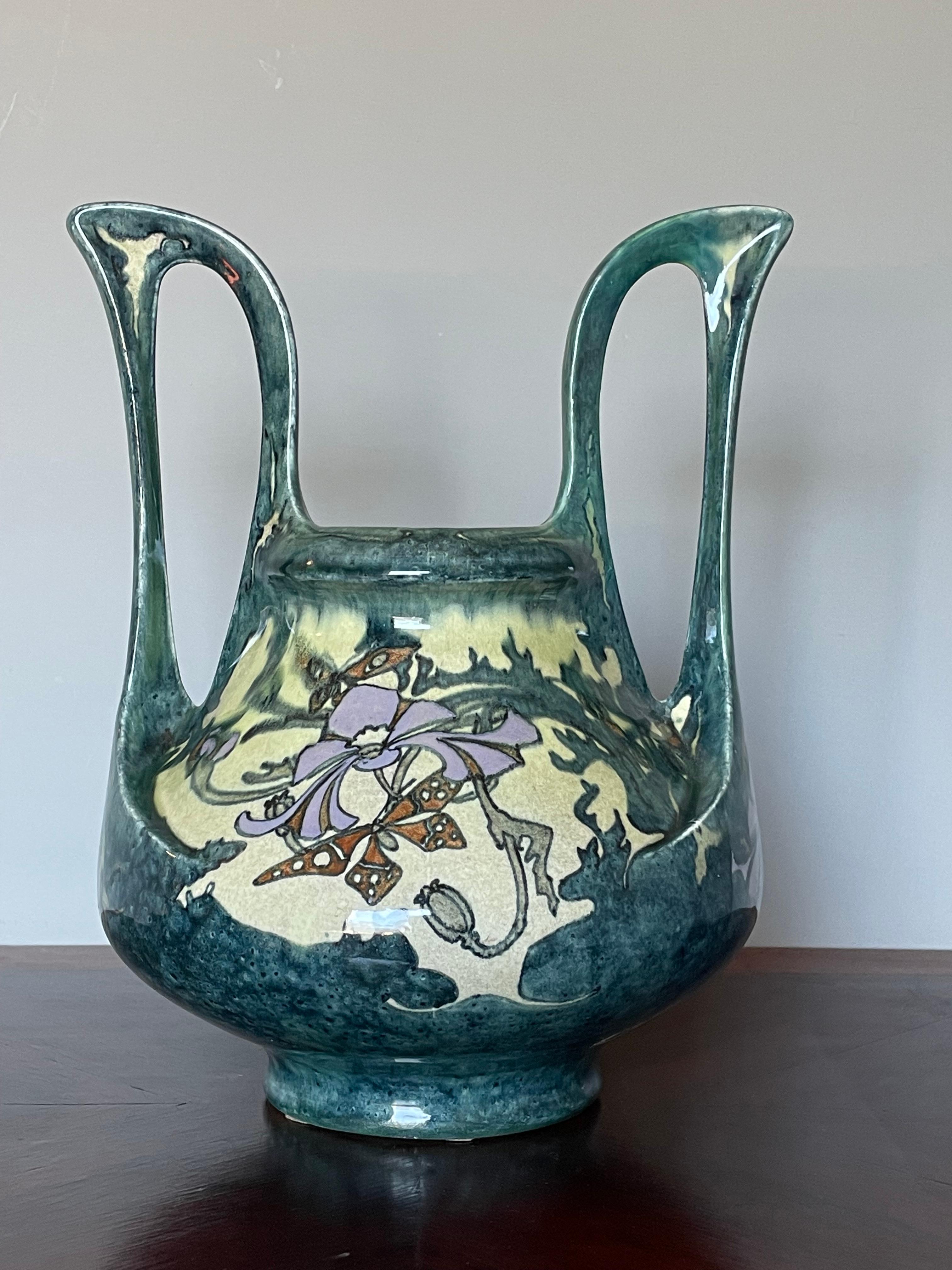 Stunning Dutch Arts and Crafts Hand Painted W. Butterflies Vase by J. Mijnlieff For Sale 12
