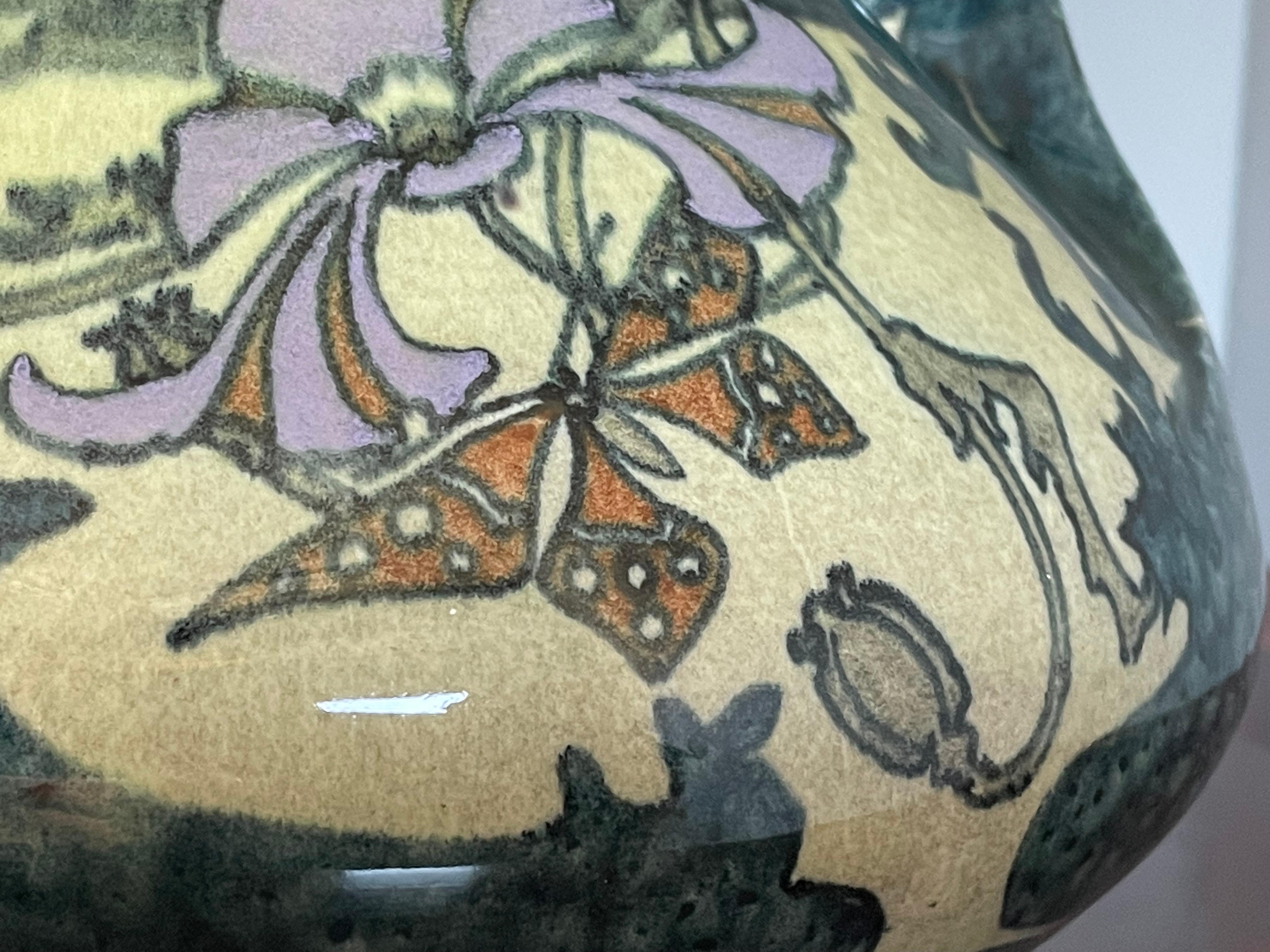 19th Century Stunning Dutch Arts and Crafts Hand Painted W. Butterflies Vase by J. Mijnlieff For Sale