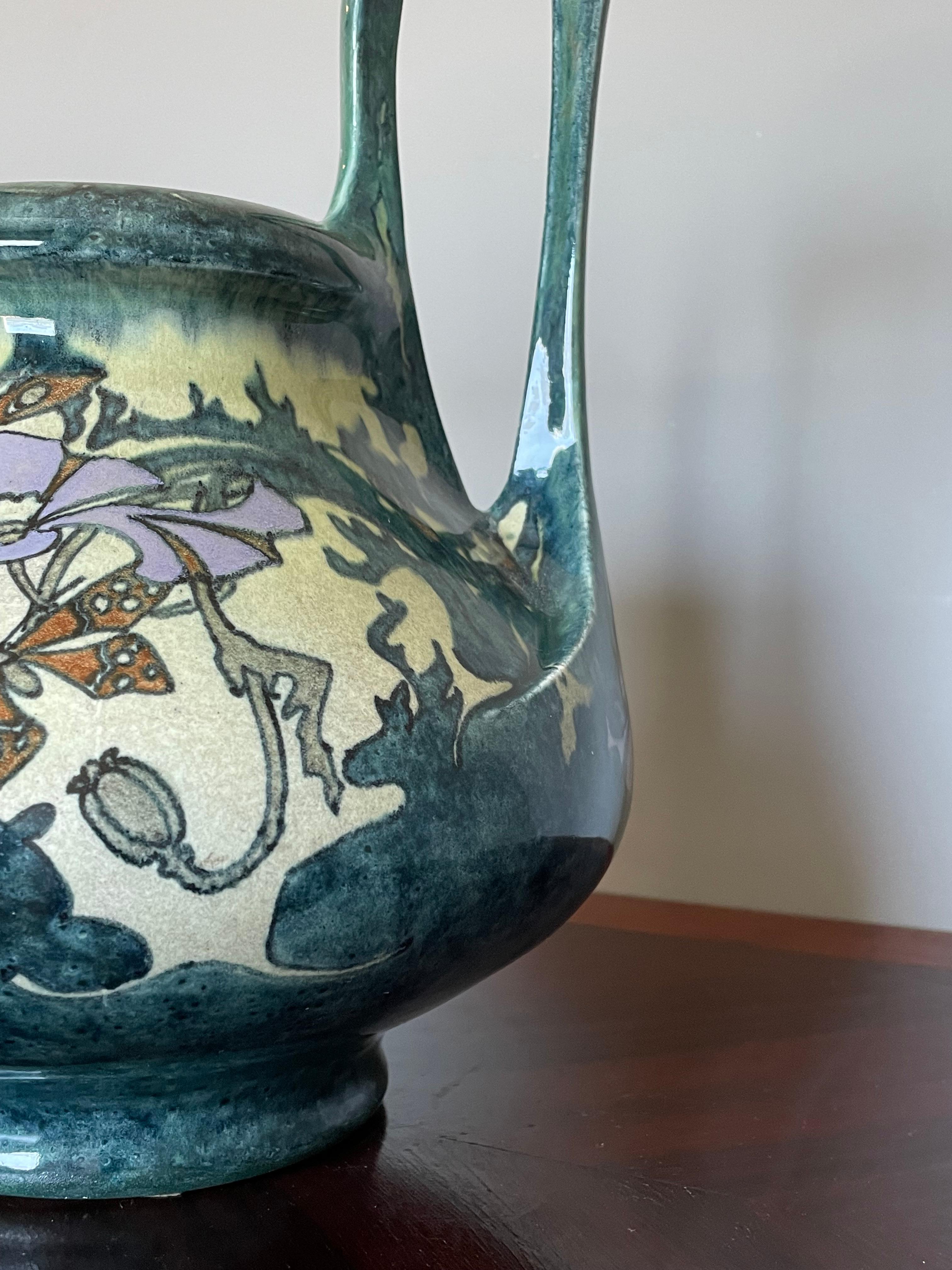 Ceramic Stunning Dutch Arts and Crafts Hand Painted W. Butterflies Vase by J. Mijnlieff For Sale