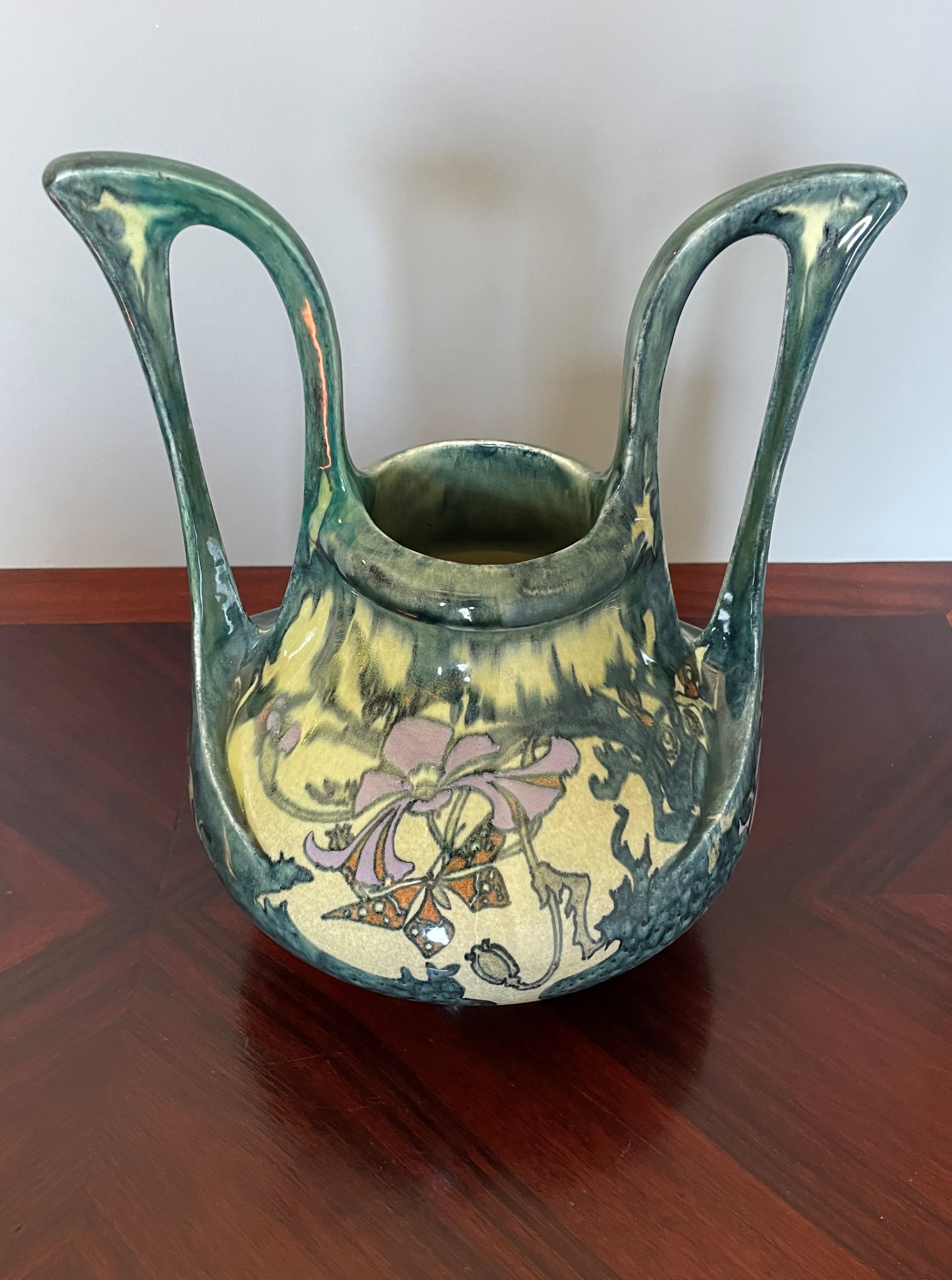 Stunning Dutch Arts and Crafts Hand Painted W. Butterflies Vase by J. Mijnlieff For Sale 1