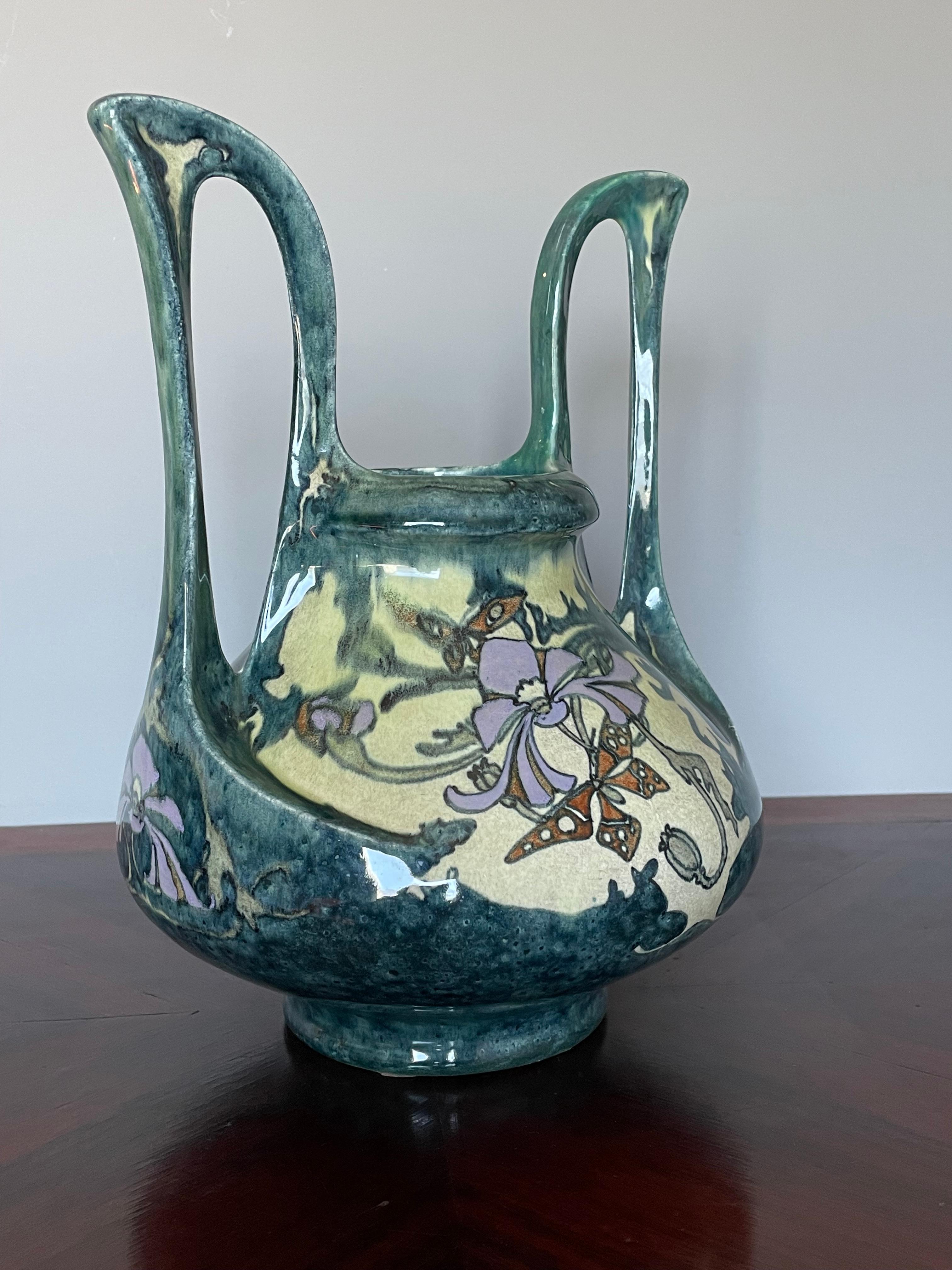 Stunning Dutch Arts and Crafts Hand Painted W. Butterflies Vase by J. Mijnlieff For Sale 3