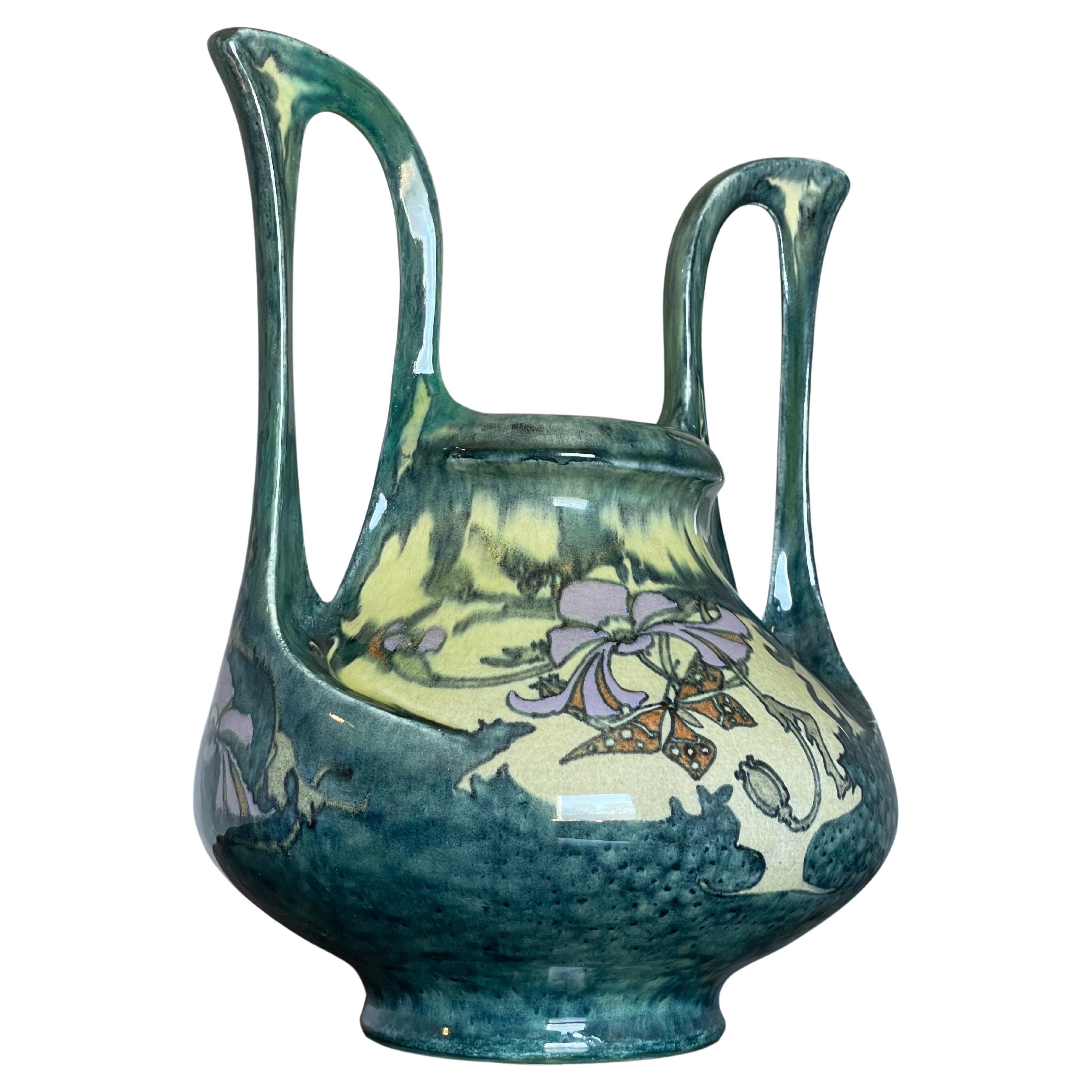 Stunning Dutch Arts and Crafts Hand Painted W. Butterflies Vase by J. Mijnlieff For Sale