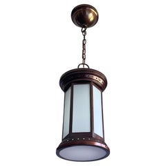 Stunning Dutch Arts & Crafts Brass Lantern Pendant Light w. Original Milk Glass
