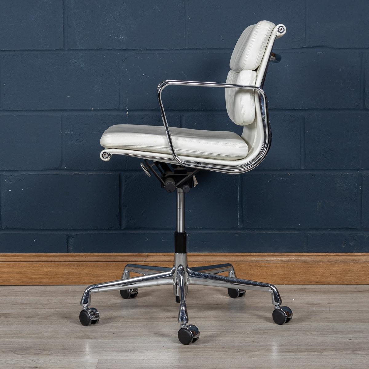 A stunning Eames chair by Vitra, of recent manufacture, in a delightful full white “snow“ leather upholstery. The white contrasts magnificently with the polished metal finish and stands on castors. Height adjustable and reclinable, the chair offers