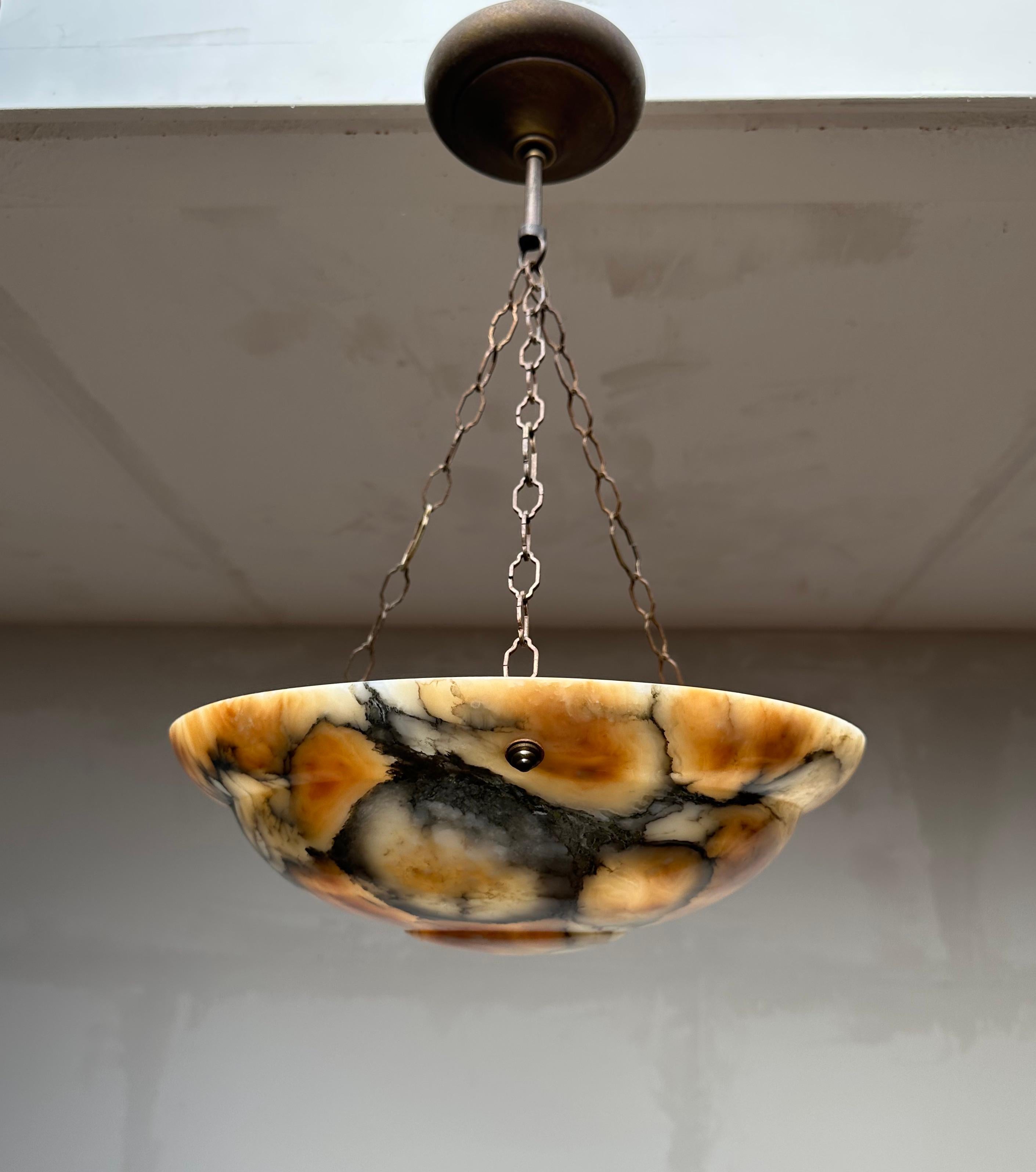 Stunning Art Deco Hand Carved Alabaster & Bronzed Chain Pendant Light, c. 1920 For Sale 3