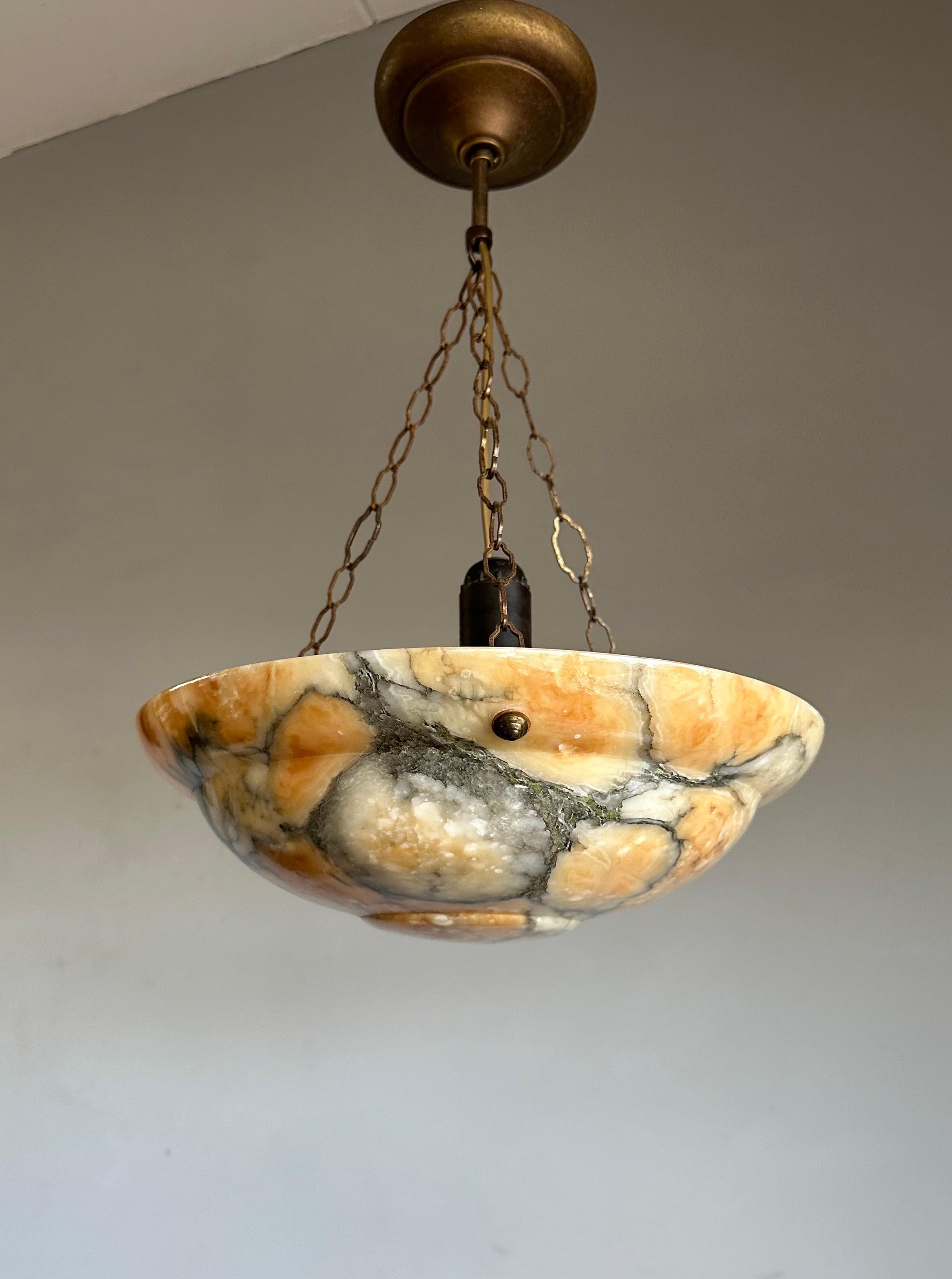 Stunning Art Deco Hand Carved Alabaster & Bronzed Chain Pendant Light, c. 1920 For Sale 7