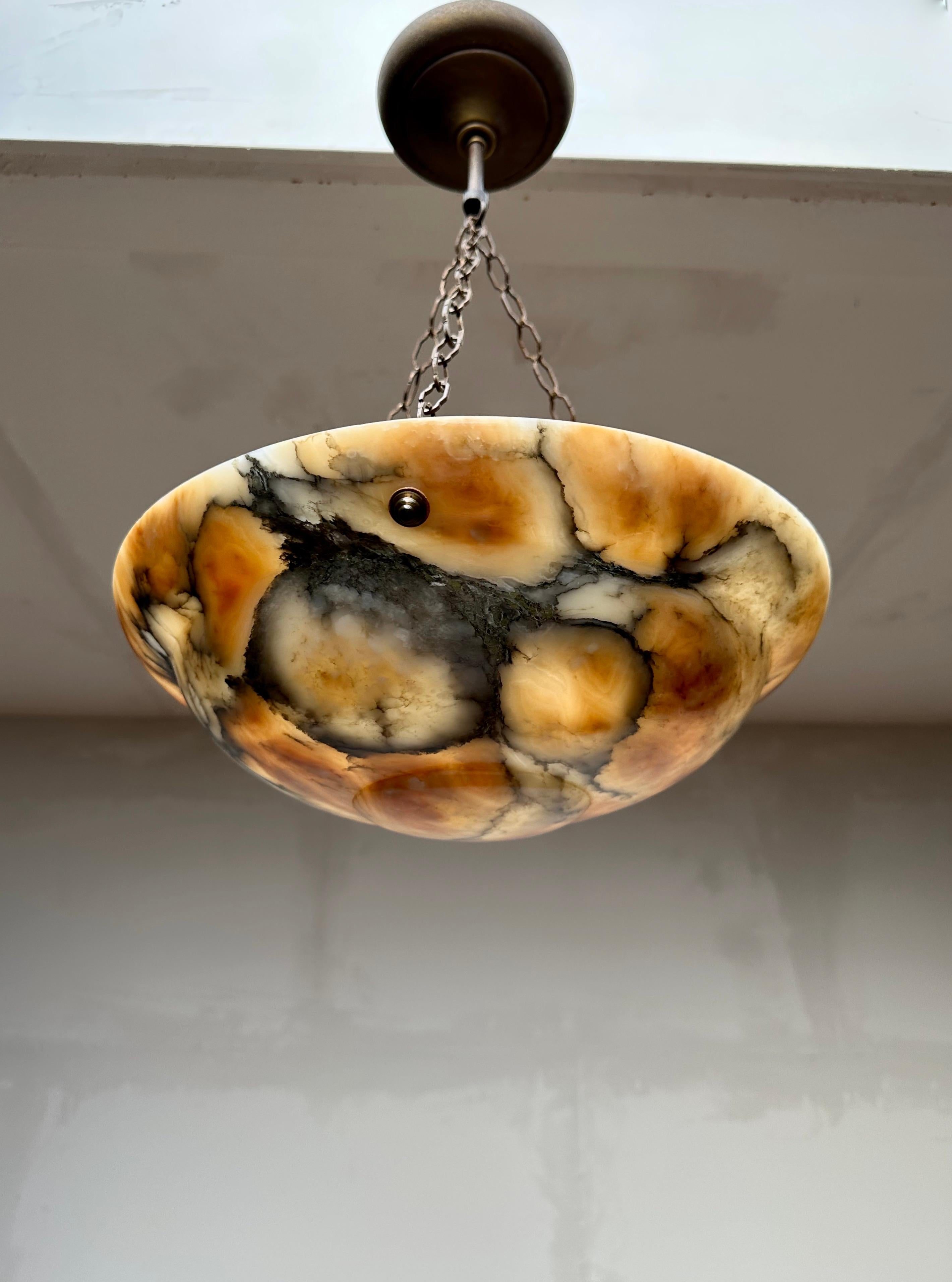 Stunning Art Deco Hand Carved Alabaster & Bronzed Chain Pendant Light, c. 1920 For Sale 2