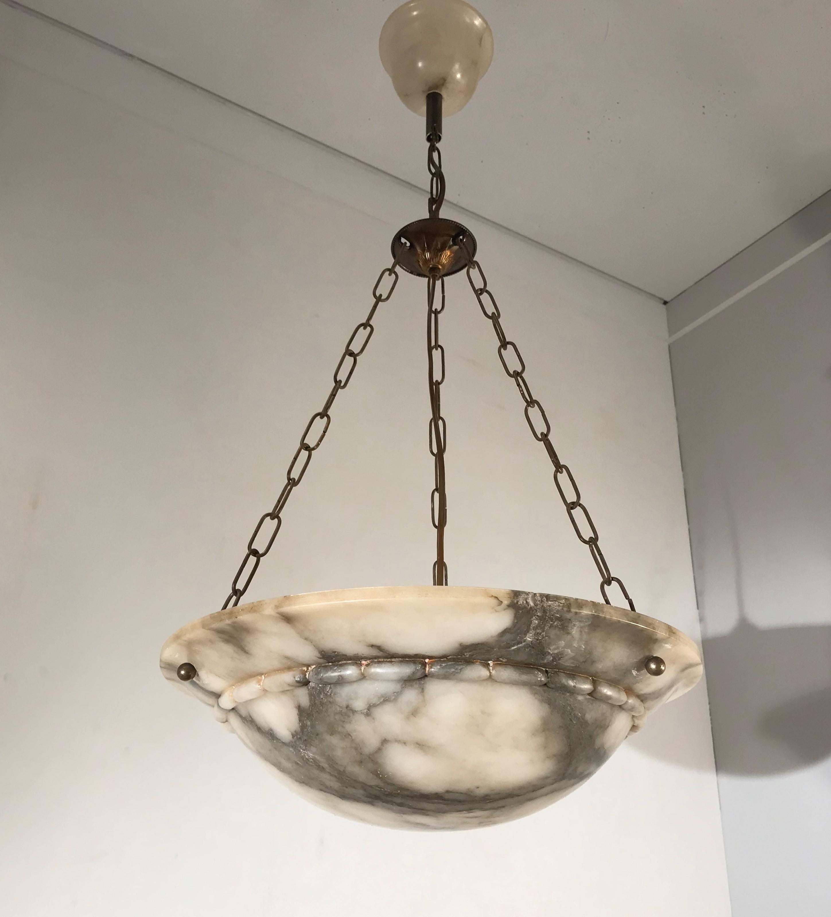 Stunning Early 1900s Arts & Crafts White and Black Veins Alabaster Pendant Light 2