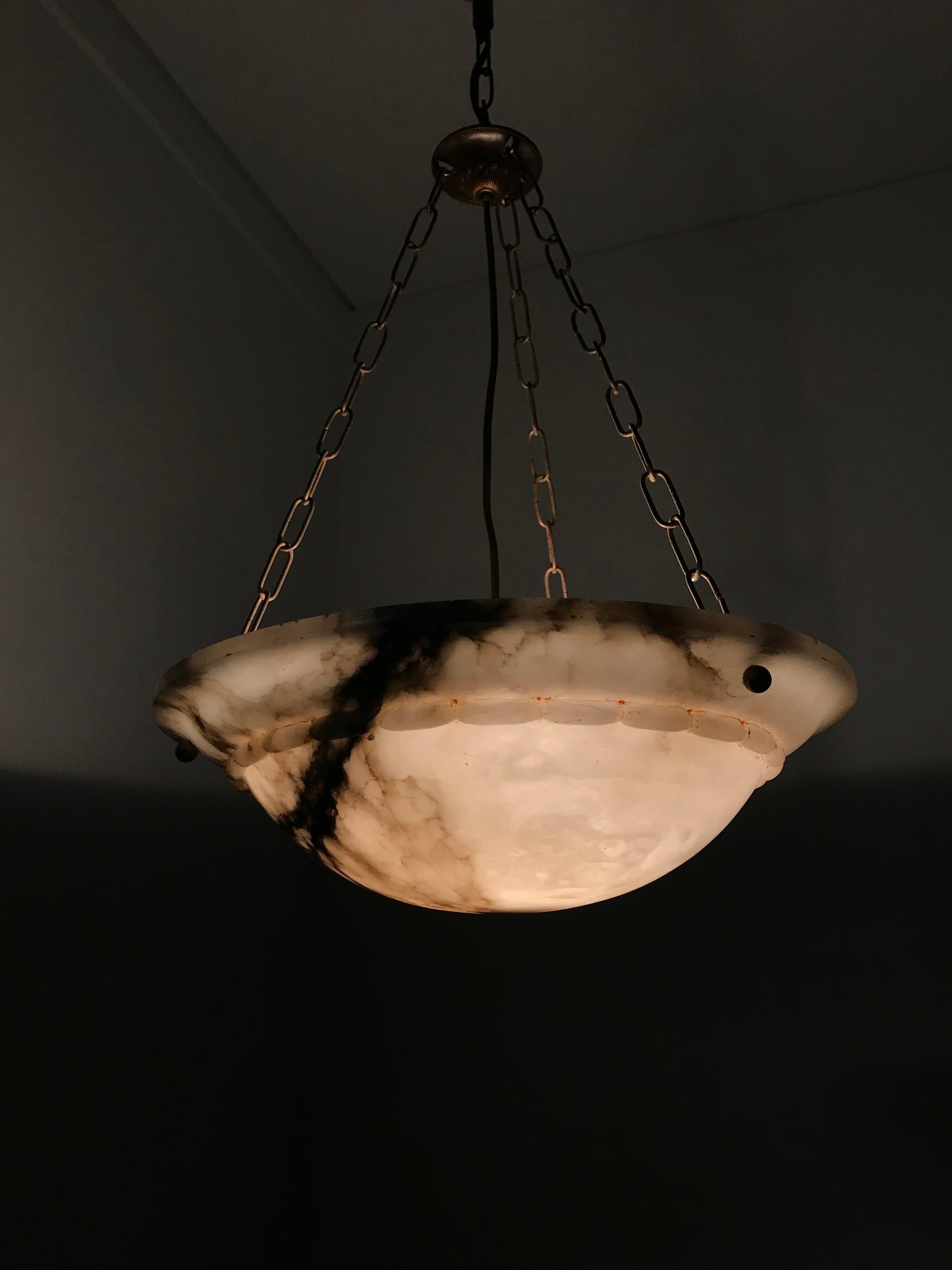 Stunning Early 1900s Arts & Crafts White and Black Veins Alabaster Pendant Light 8