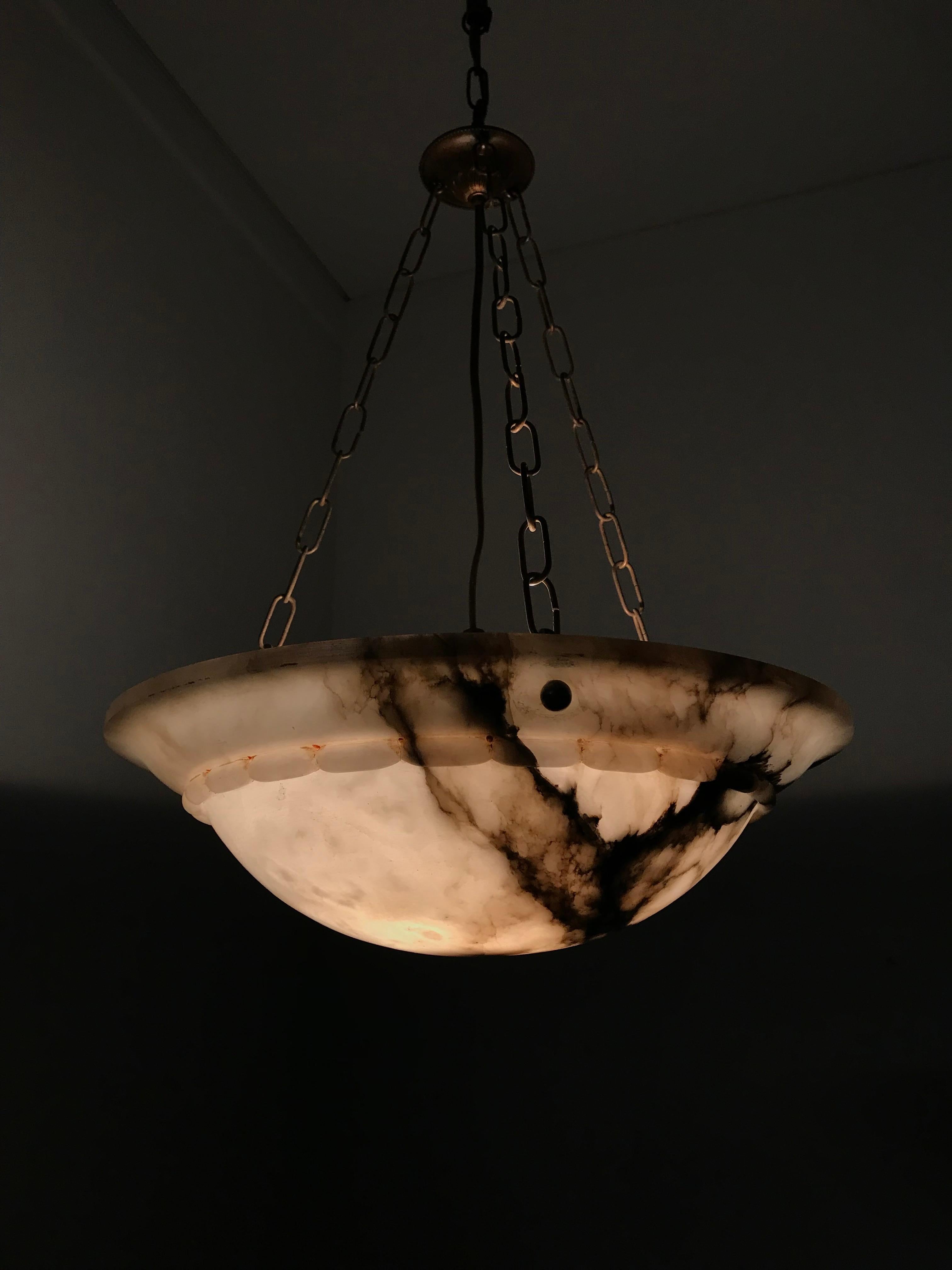 Stunning Early 1900s Arts & Crafts White and Black Veins Alabaster Pendant Light 10