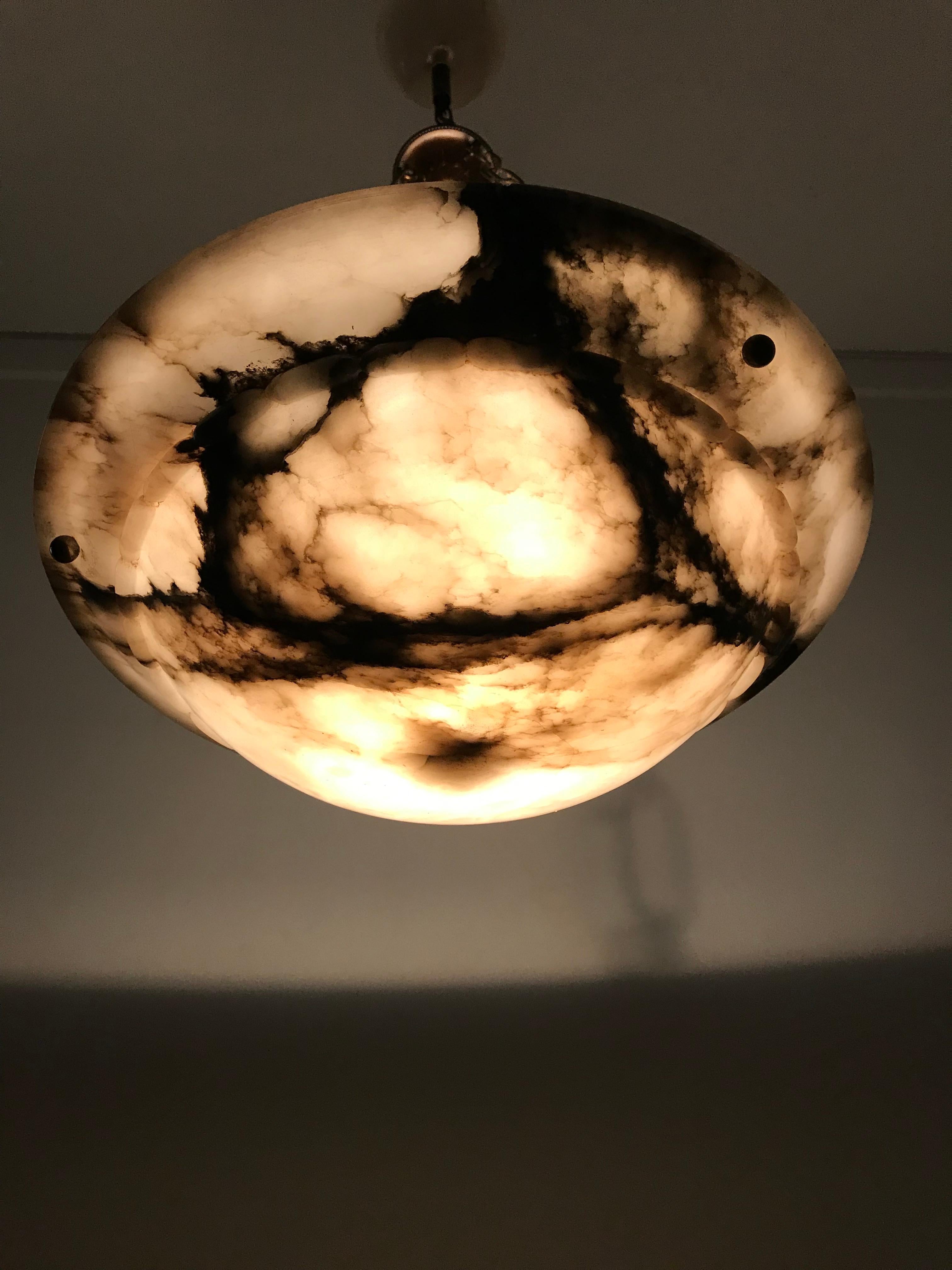 Stunning Early 1900s Arts & Crafts White and Black Veins Alabaster Pendant Light 11