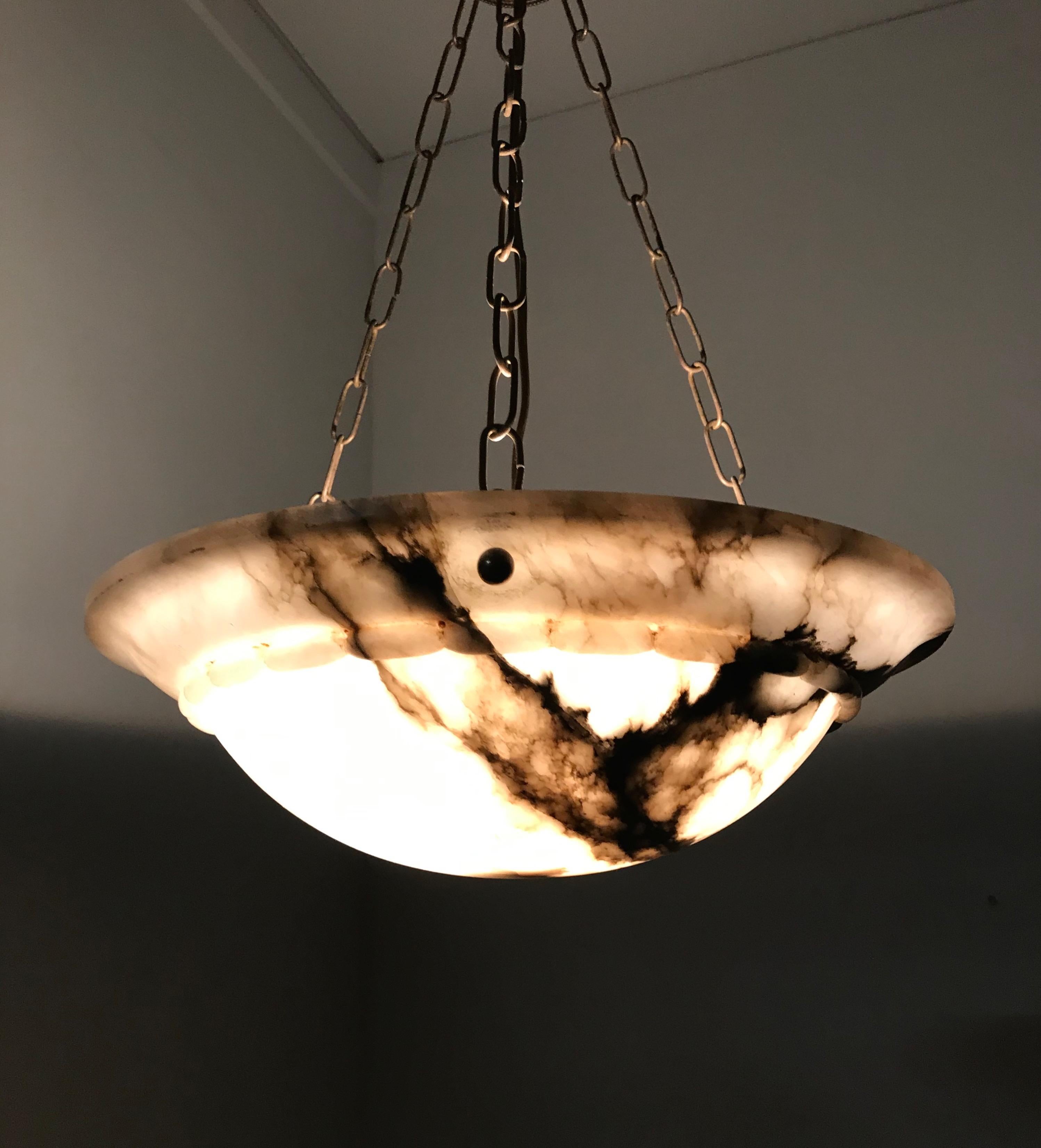 Arts and Crafts Stunning Early 1900s Arts & Crafts White and Black Veins Alabaster Pendant Light