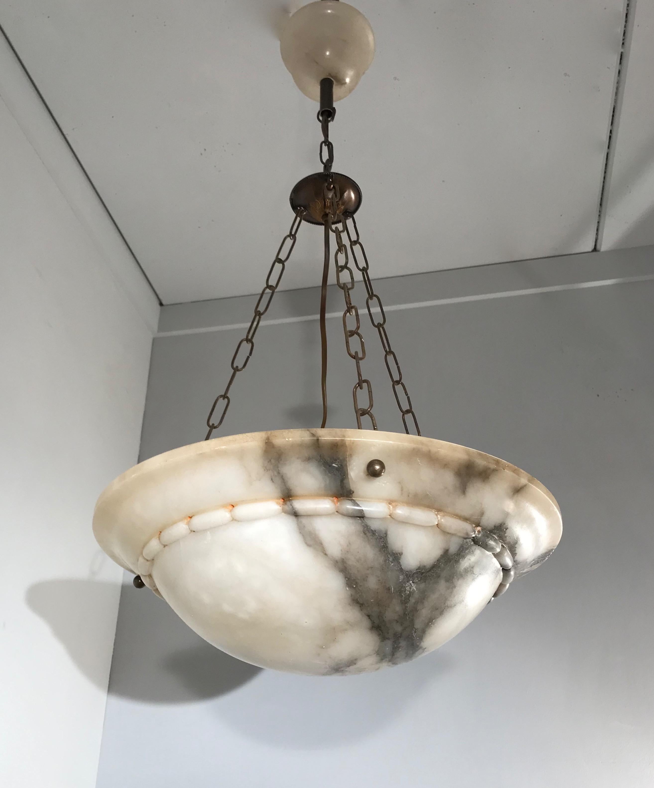 Italian Stunning Early 1900s Arts & Crafts White and Black Veins Alabaster Pendant Light