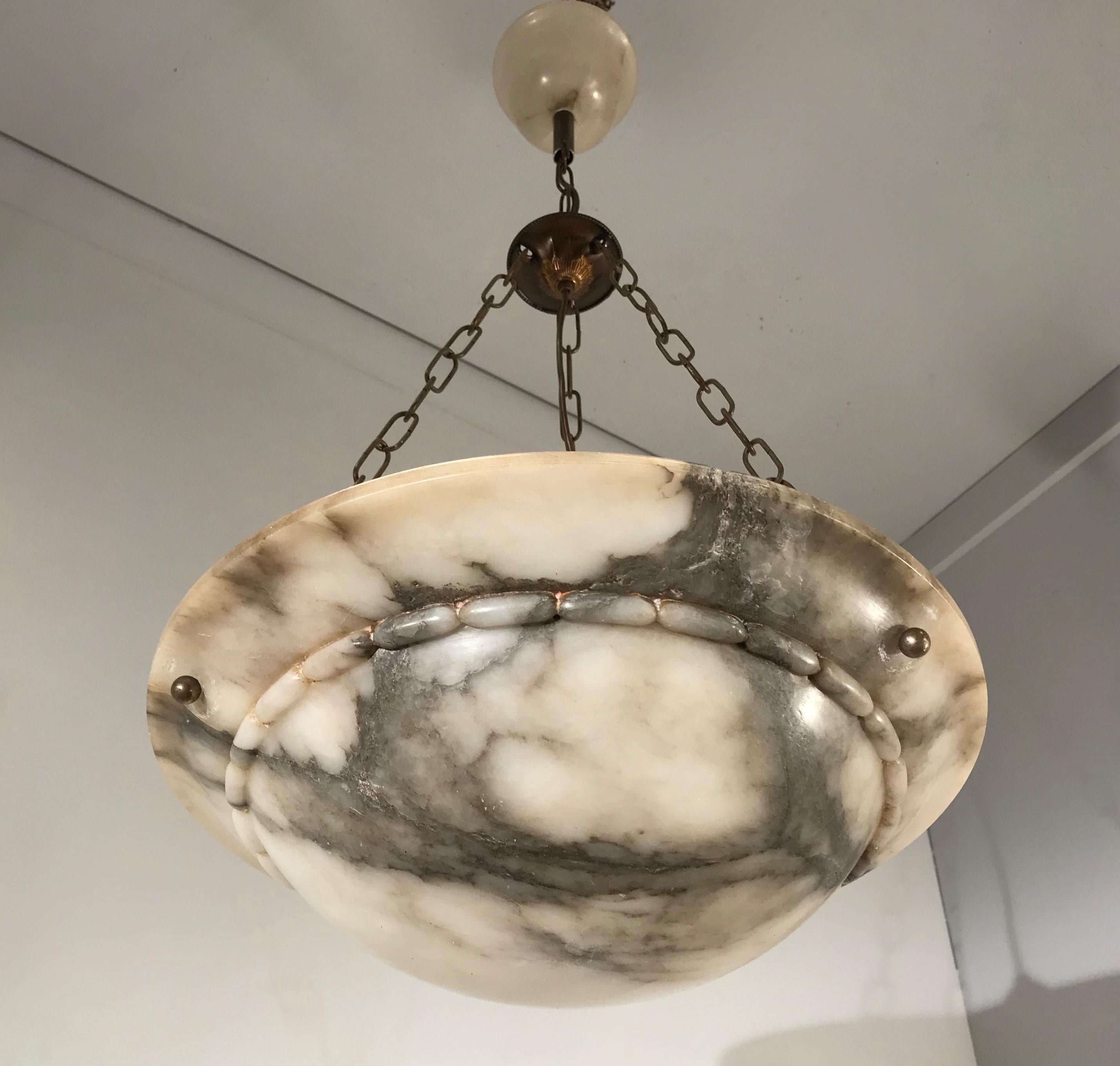 20th Century Stunning Early 1900s Arts & Crafts White and Black Veins Alabaster Pendant Light
