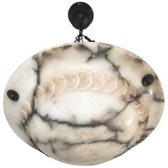 Stunning Early 1900s Arts & Crafts White and Black Veins Alabaster Pendant Light